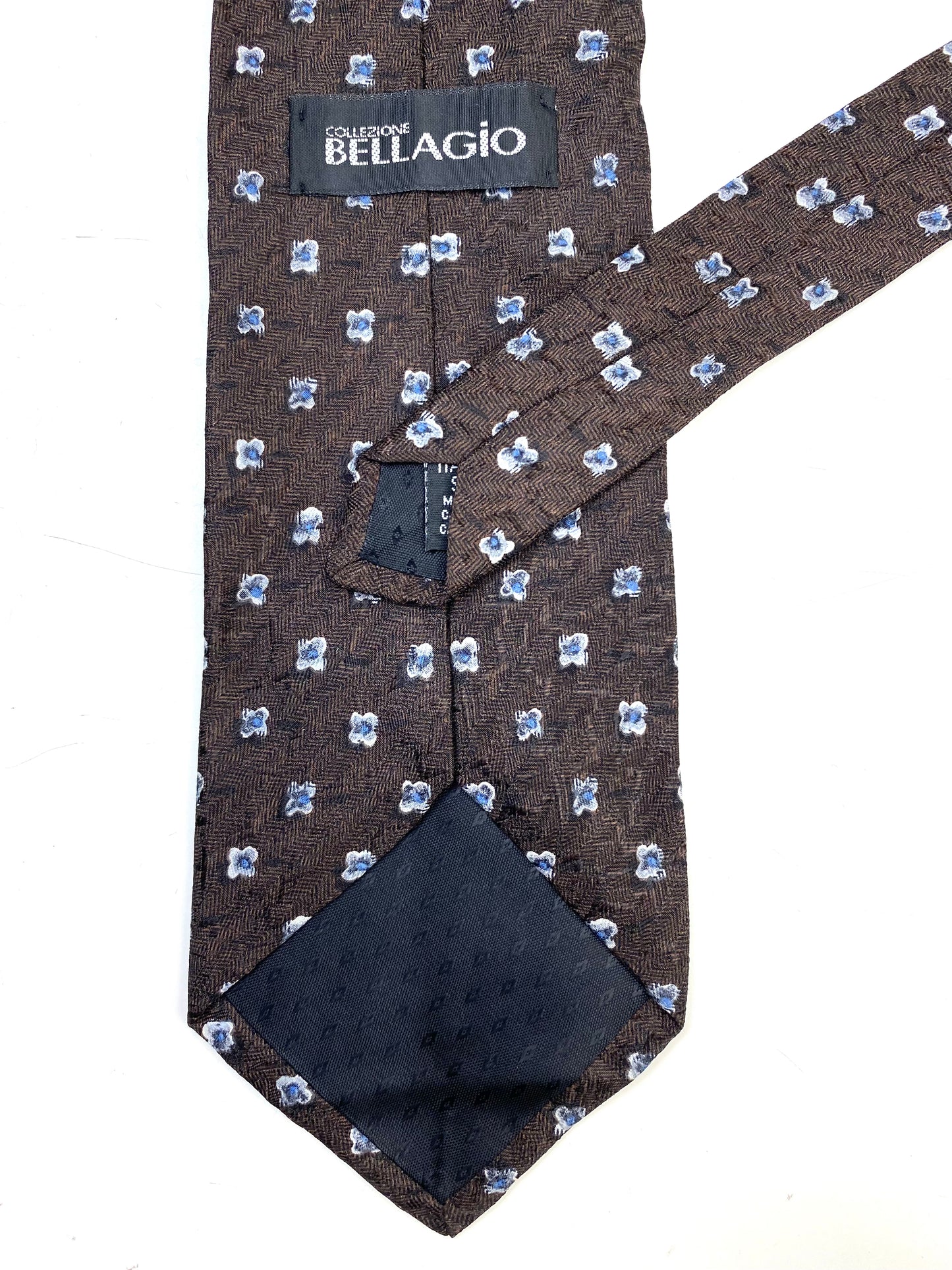 Back and labels of: 90s Deadstock Silk Necktie, Men's Vintage Brown Blue Floral Pattern Tie, NOS
