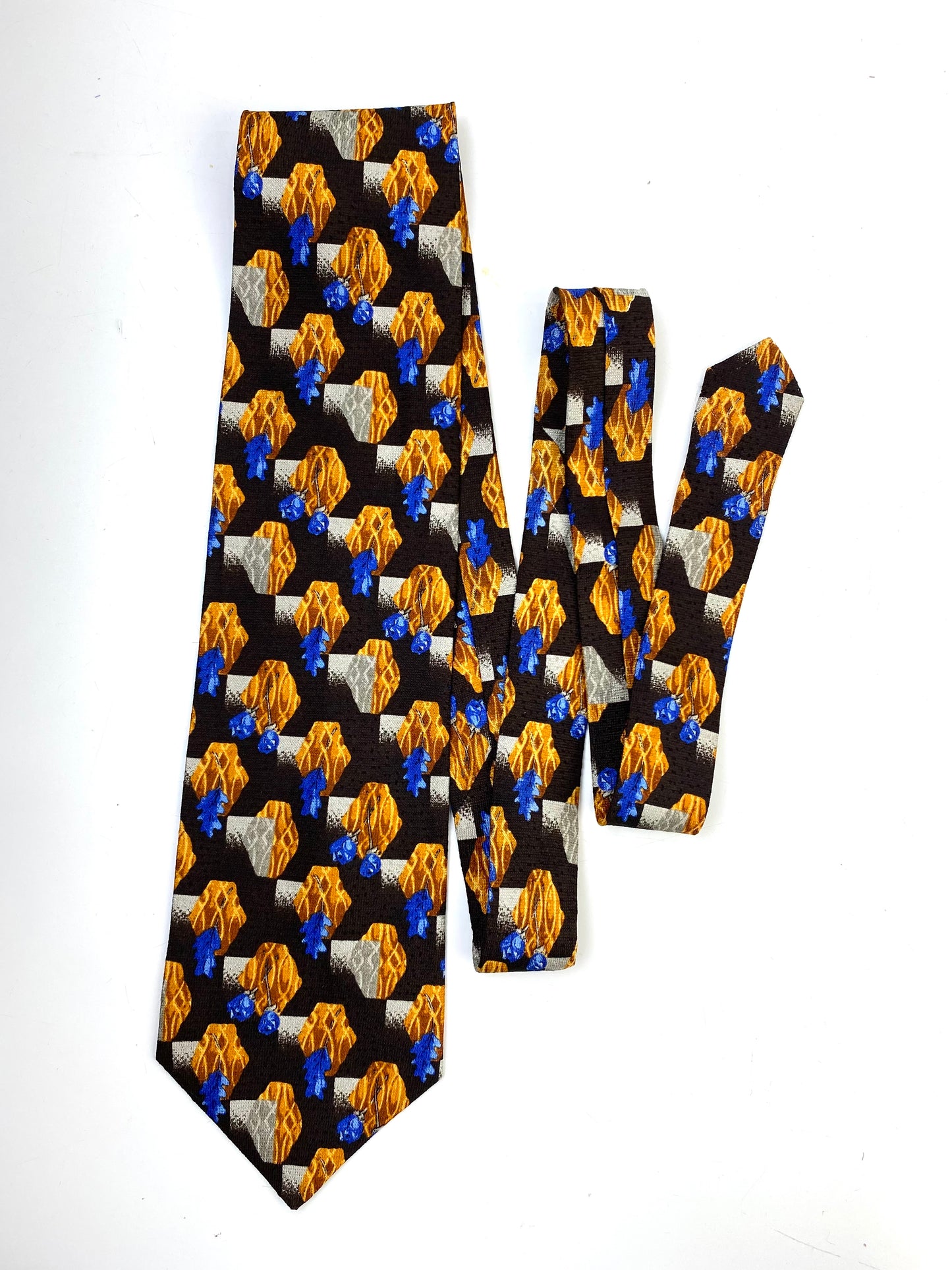 Front of: 90s Deadstock Silk Necktie, Men's Vintage Brown/ Yellow/ Blue Oak Leaf & Rose Print Tie, NOS