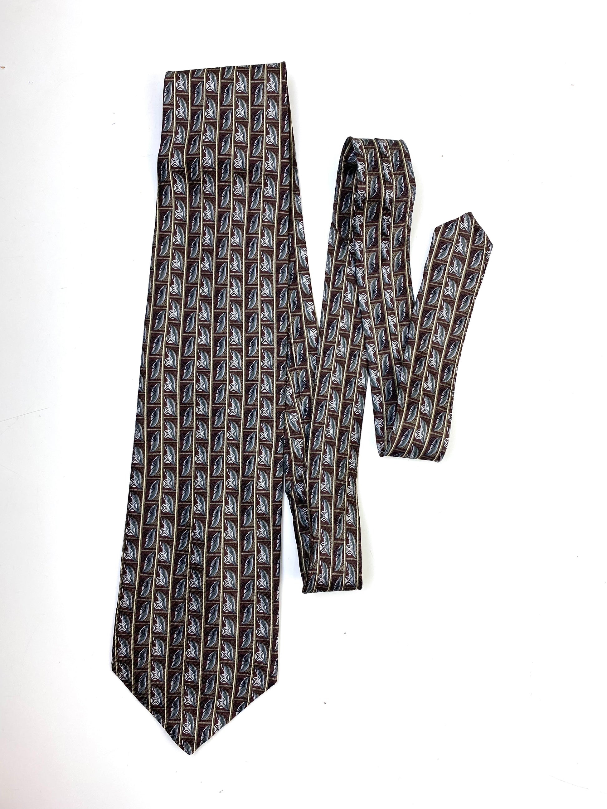Front of: 90s Deadstock Silk Necktie, Men's Vintage Brown/ Grey Swirl Pattern Tie, NOS