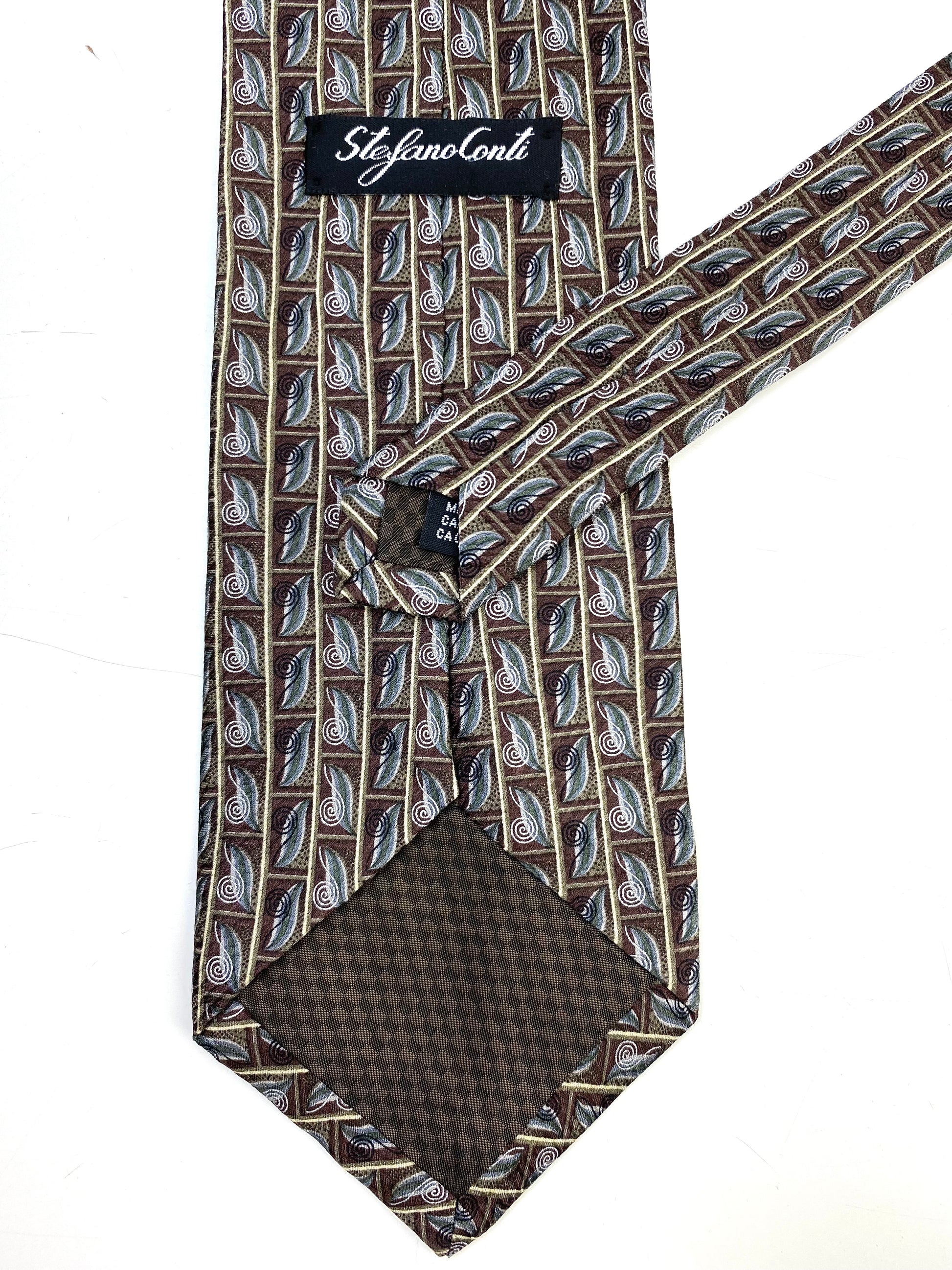 Back and labels of: 90s Deadstock Silk Necktie, Men's Vintage Brown/ Grey Swirl Pattern Tie, NOS