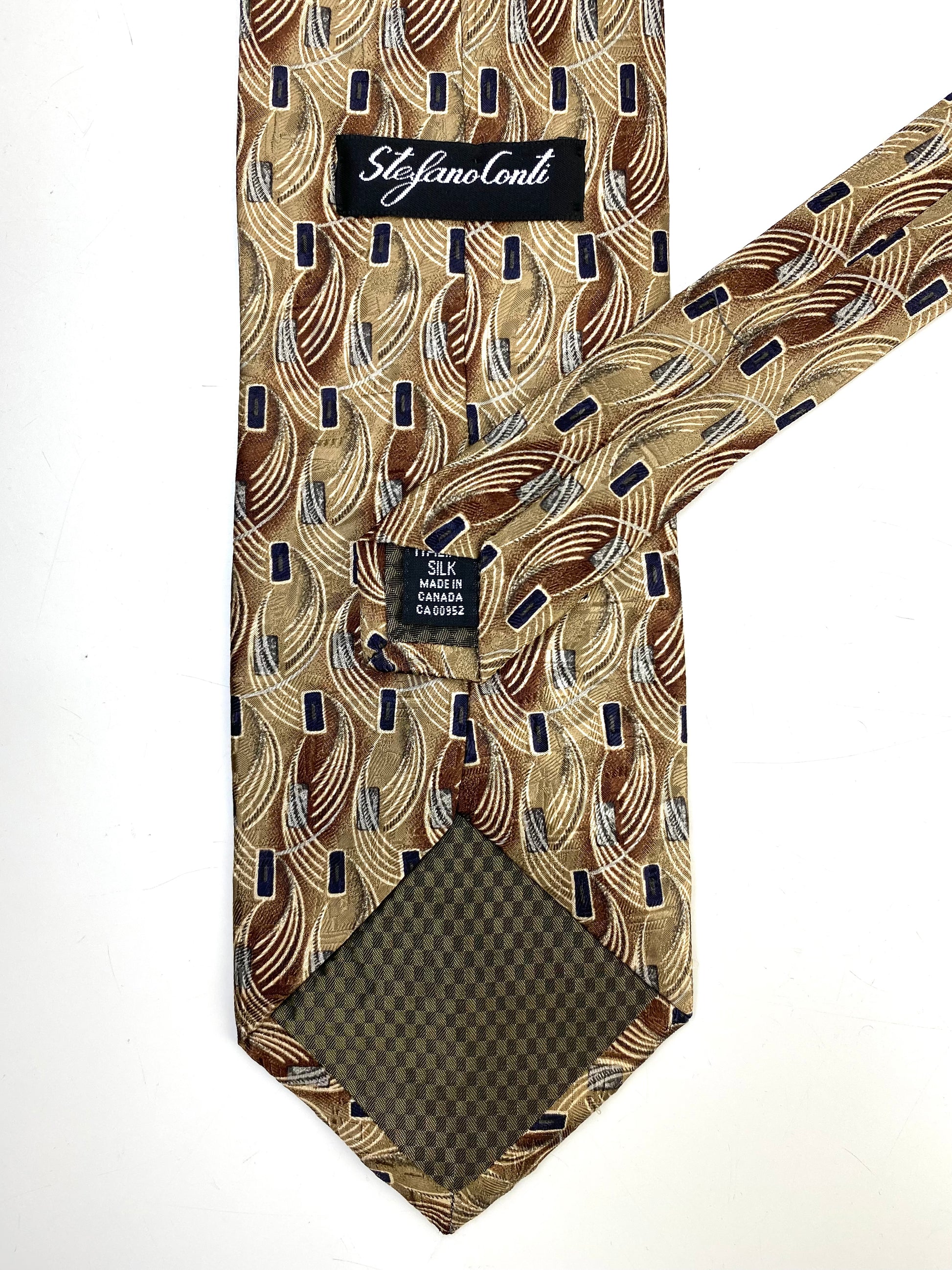 Back and labels of: 90s Deadstock Silk Necktie, Men's Vintage Brown/ Grey Abstract Pattern Tie, NOS