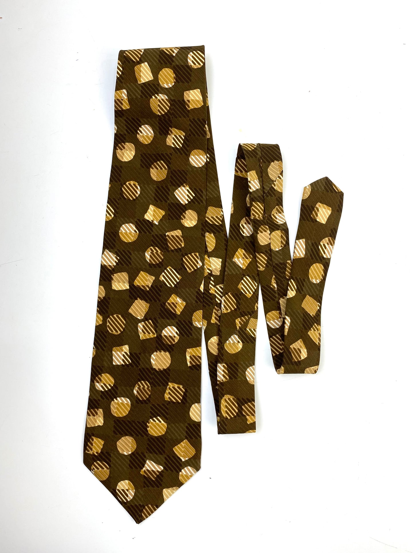 Front of: 90s Deadstock Silk Necktie, Men's Vintage Brown Circles & Squares Check Pattern Tie, NOS