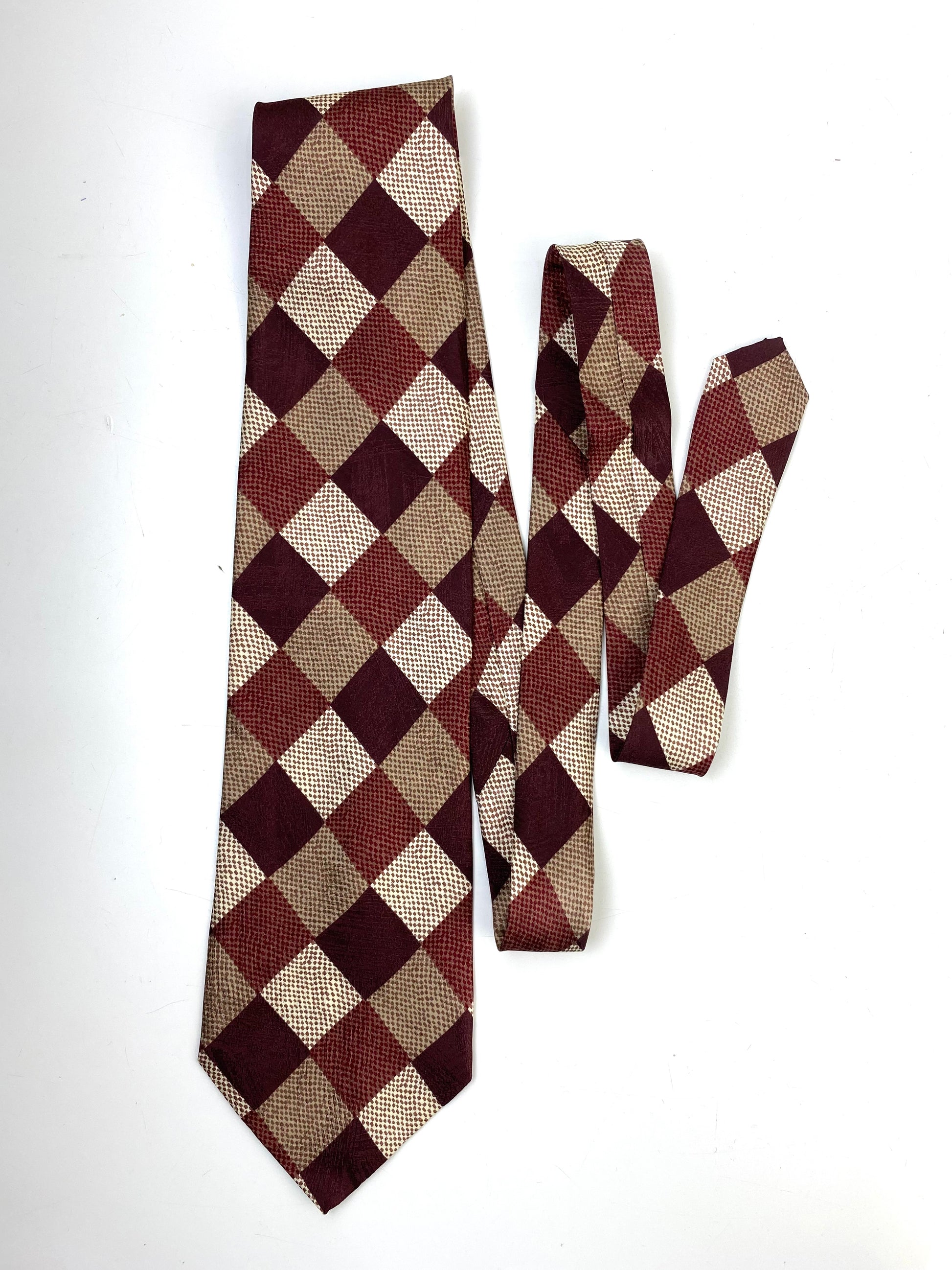 Front of: 90s Deadstock Silk Necktie, Men's Vintage Brown Checkered Pattern Tie, NOS