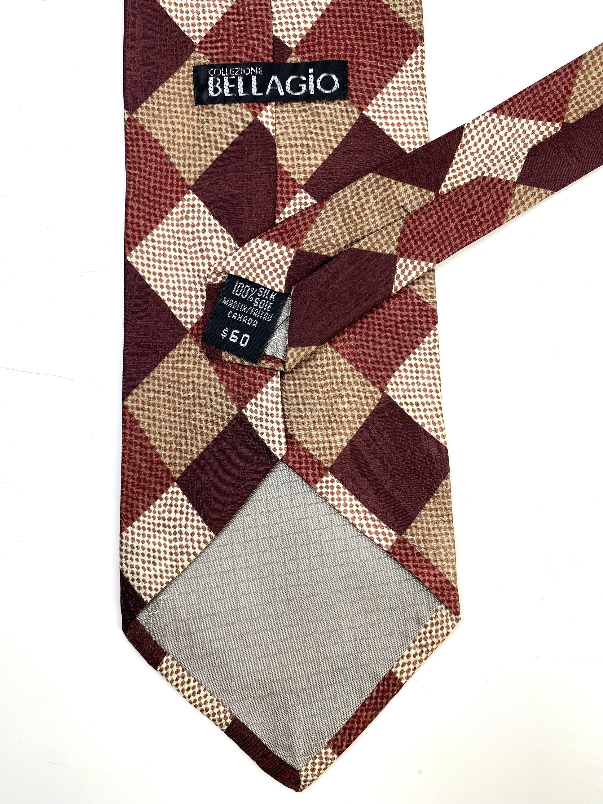 Back and labels of: 90s Deadstock Silk Necktie, Men's Vintage Brown Checkered Pattern Tie, NOS