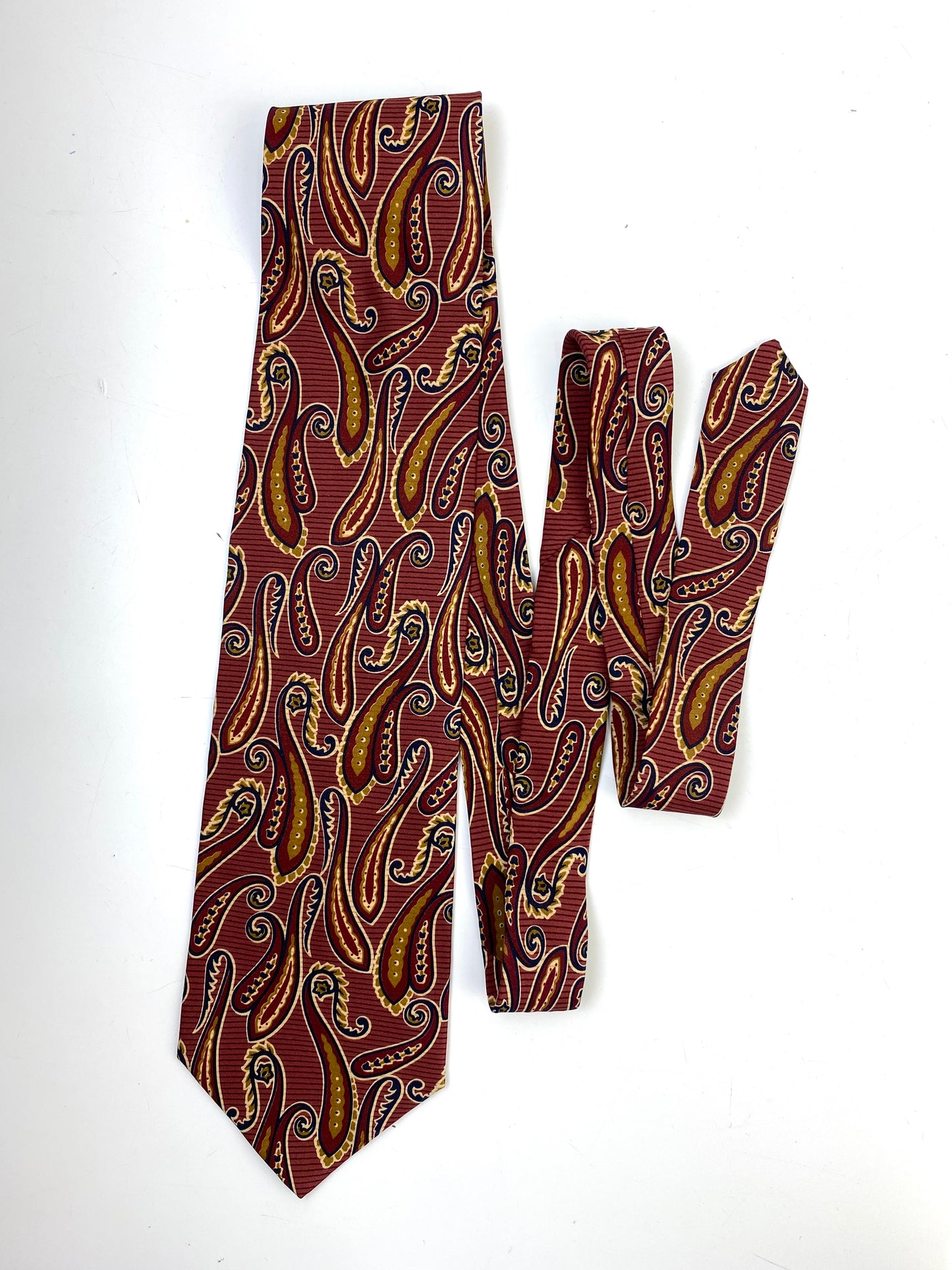 Front of: 90s Deadstock Silk Necktie, Men's Vintage Wine/ Brown-Gold Paisley Pattern Tie, NOS