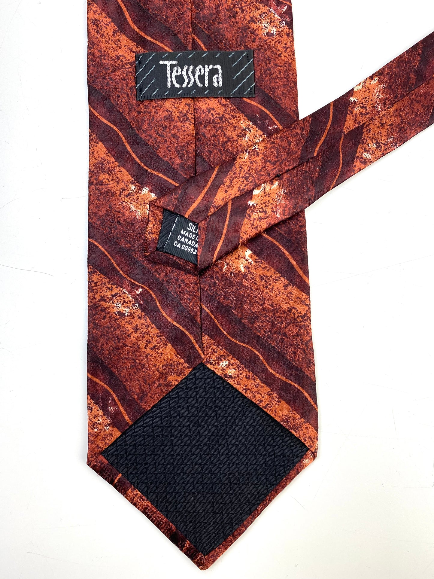 Back and labels of: 90s Deadstock Silk Necktie, Men's Vintage Brown Rust Diagonal Stripe Tie, NOS