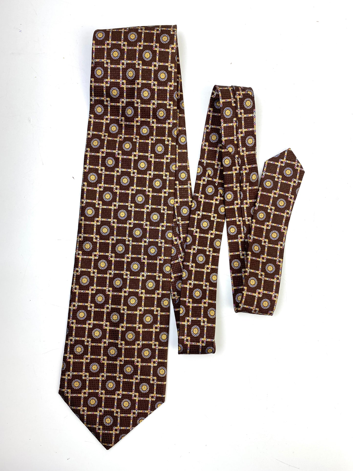 Front of: 90s Deadstock Silk Necktie, Men's Vintage Brown/ Gold Geometric Pattern Tie, NOS