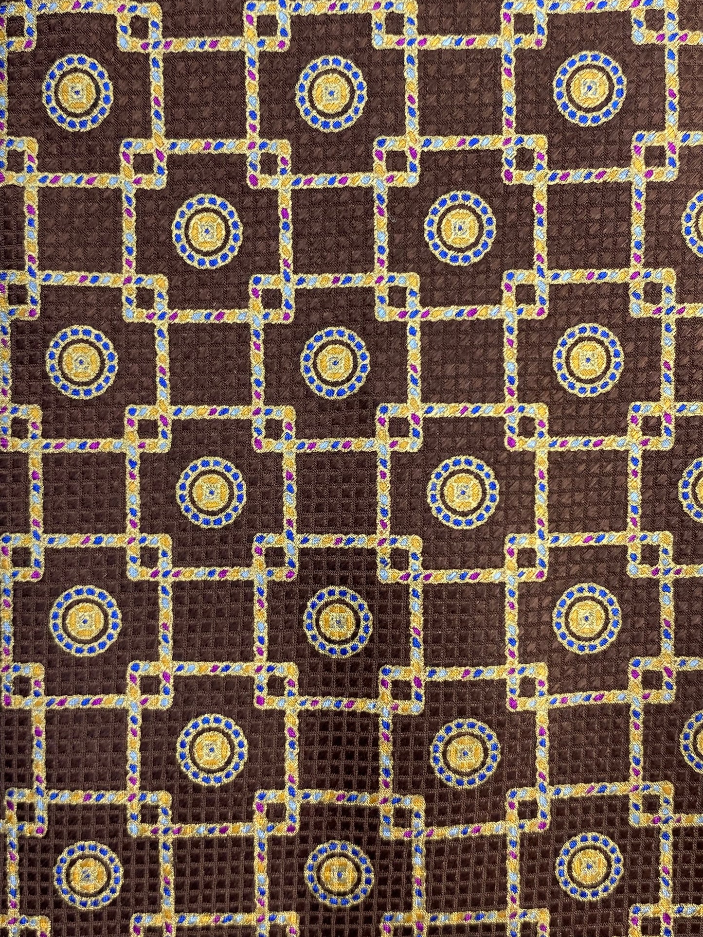 Close-up of: 90s Deadstock Silk Necktie, Men's Vintage Brown/ Gold Geometric Pattern Tie, NOS
