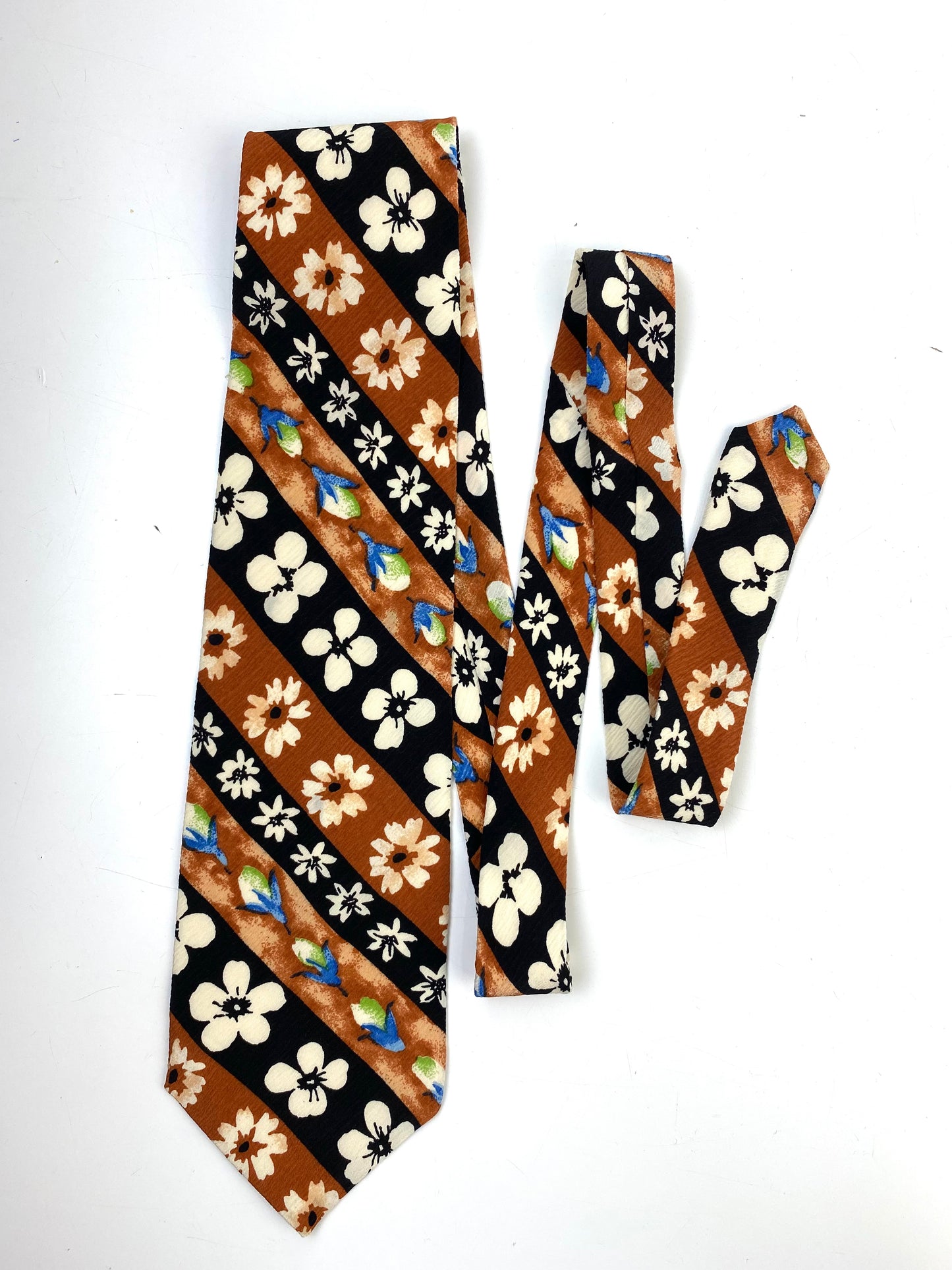 Front of: 90s Deadstock Silk Necktie, Men's Vintage Brown/ Black Diagonal Stripe Floral Pattern Tie, NOS