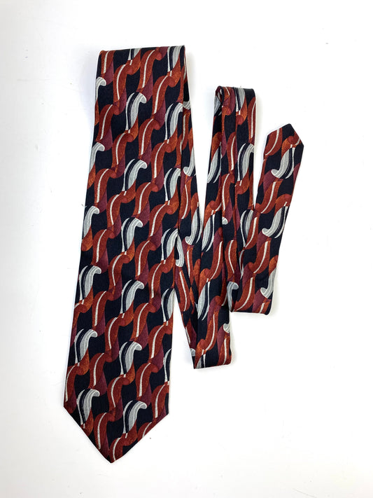 Front of: 90s Deadstock Silk Necktie, Men's Vintage Black/ Brown/ Grey Abstract Pattern Tie, NOS