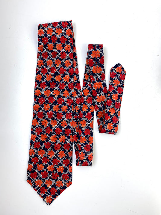 Front of: 90s Deadstock Silk Necktie, Men's Vintage Navy/ Orange/ Red Floral Pattern Tie, NOS