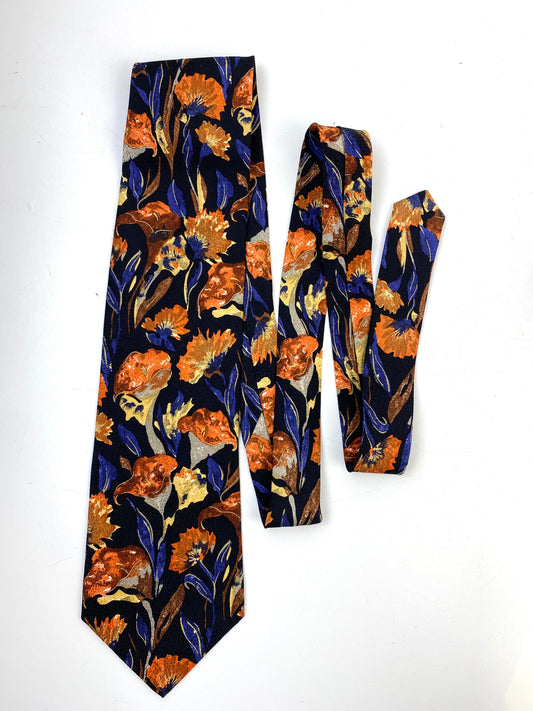 Front of: 90s Deadstock Silk Necktie, Men's Vintage Orange/ Black/ Purple Floral Pattern Tie, NOS