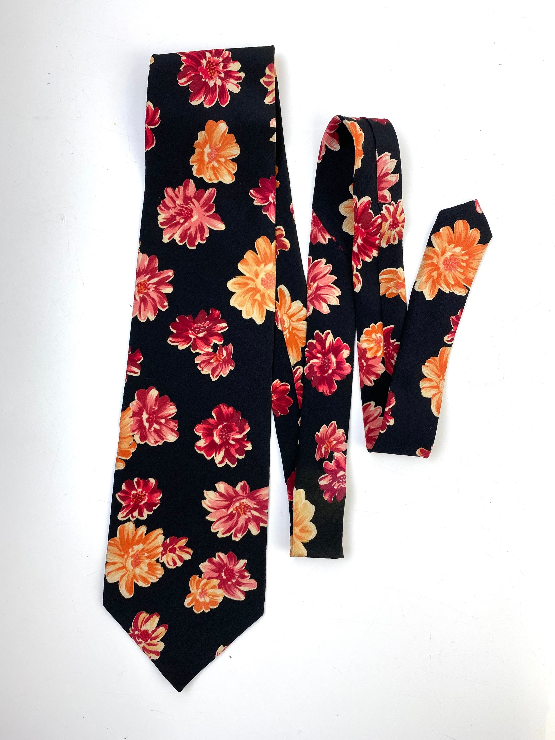 Front of: 90s Deadstock Silk Necktie, Men's Vintage Black/ Orange/ Pink Floral Pattern Tie, NOS