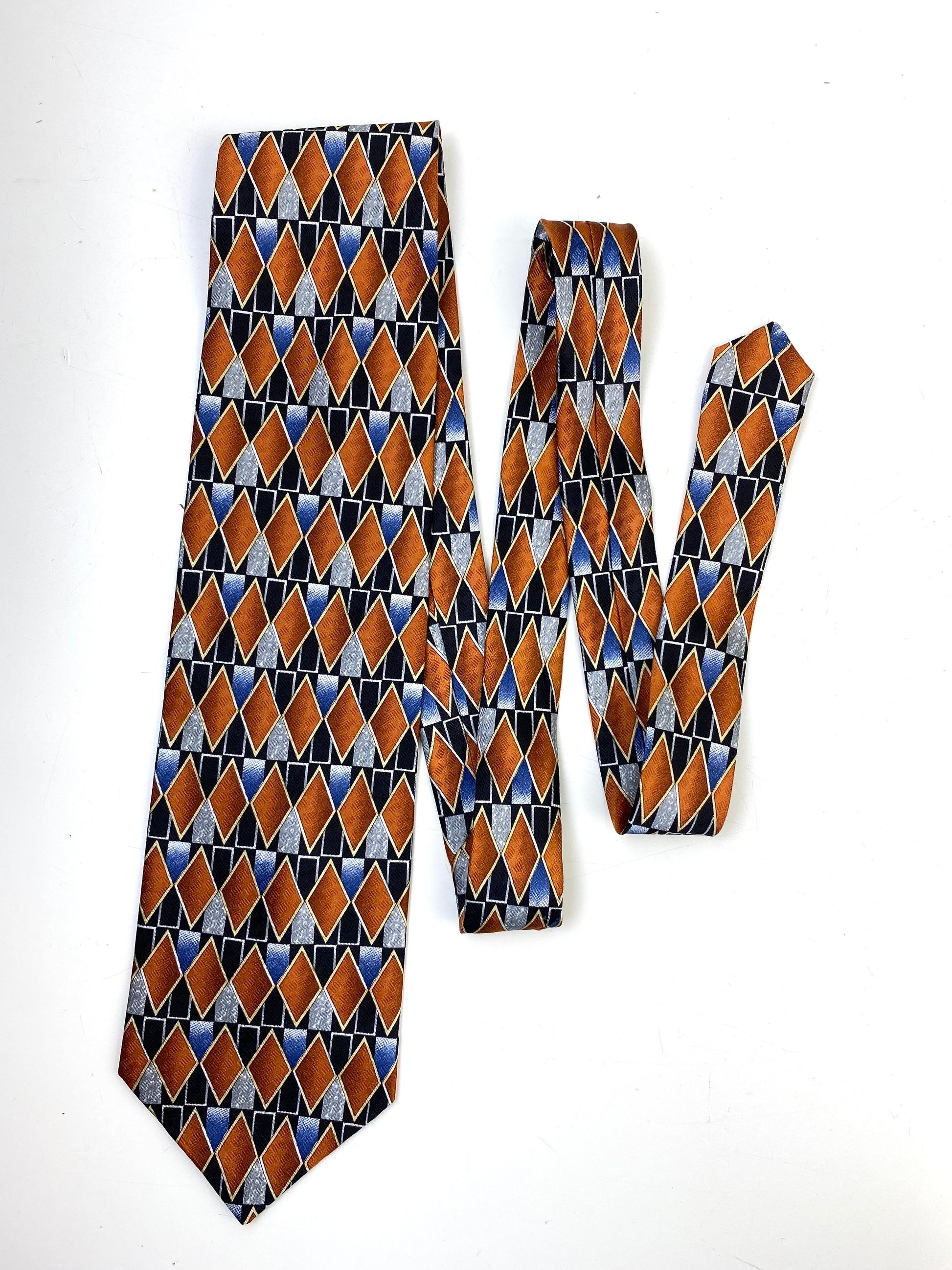 Front of: 90s Deadstock Silk Necktie, Men's Vintage Black/ Brown/ Blue Geometric Pattern Tie, NOS