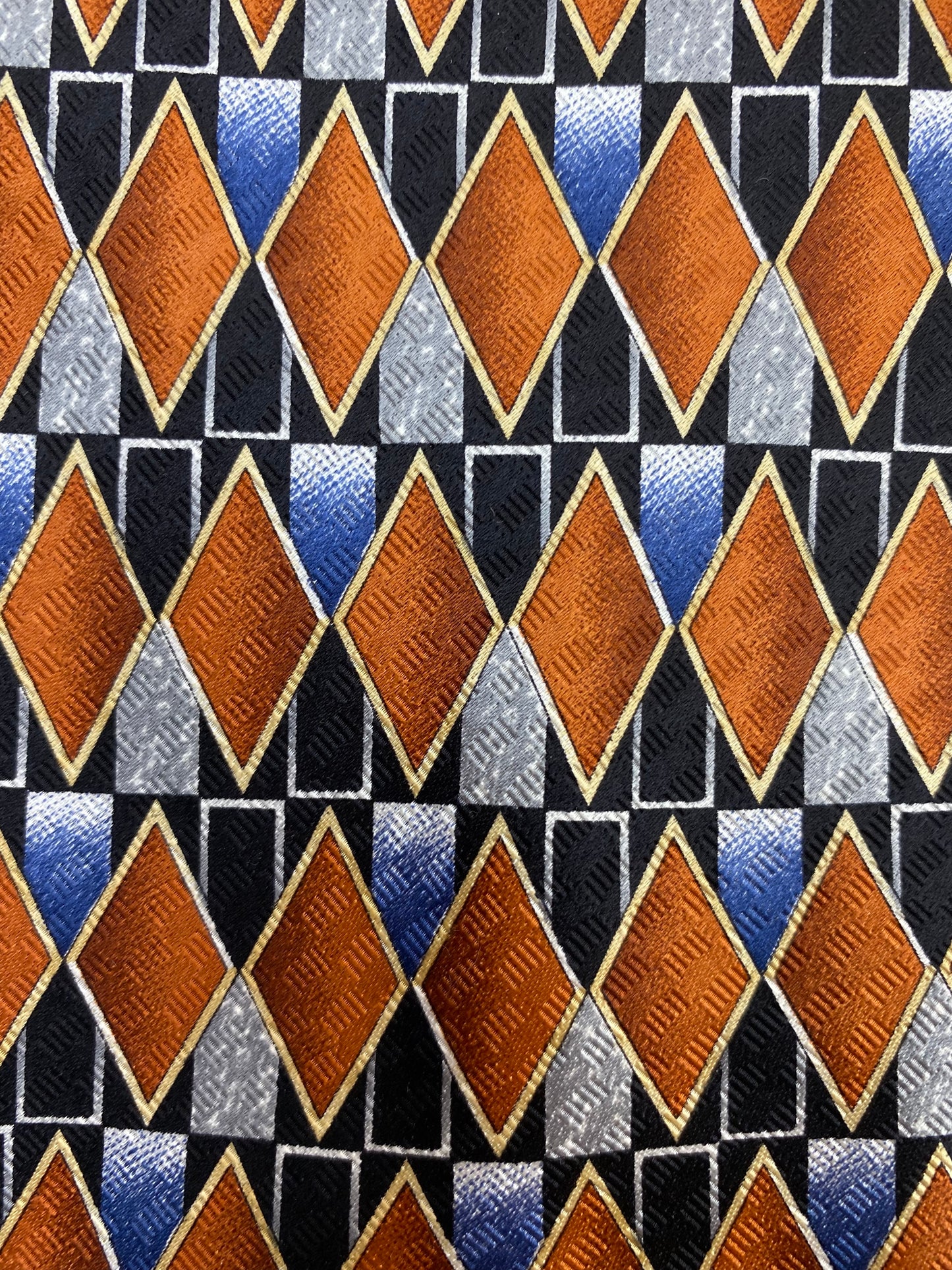 Close-up detail of: 90s Deadstock Silk Necktie, Men's Vintage Black/ Brown/ Blue Geometric Pattern Tie, NOS