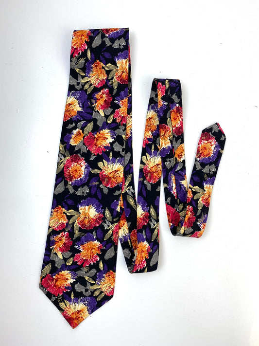 Front of: 90s Deadstock Silk Necktie, Men's Vintage Purple/ Orange/ Pink Floral Pattern Tie, NOS