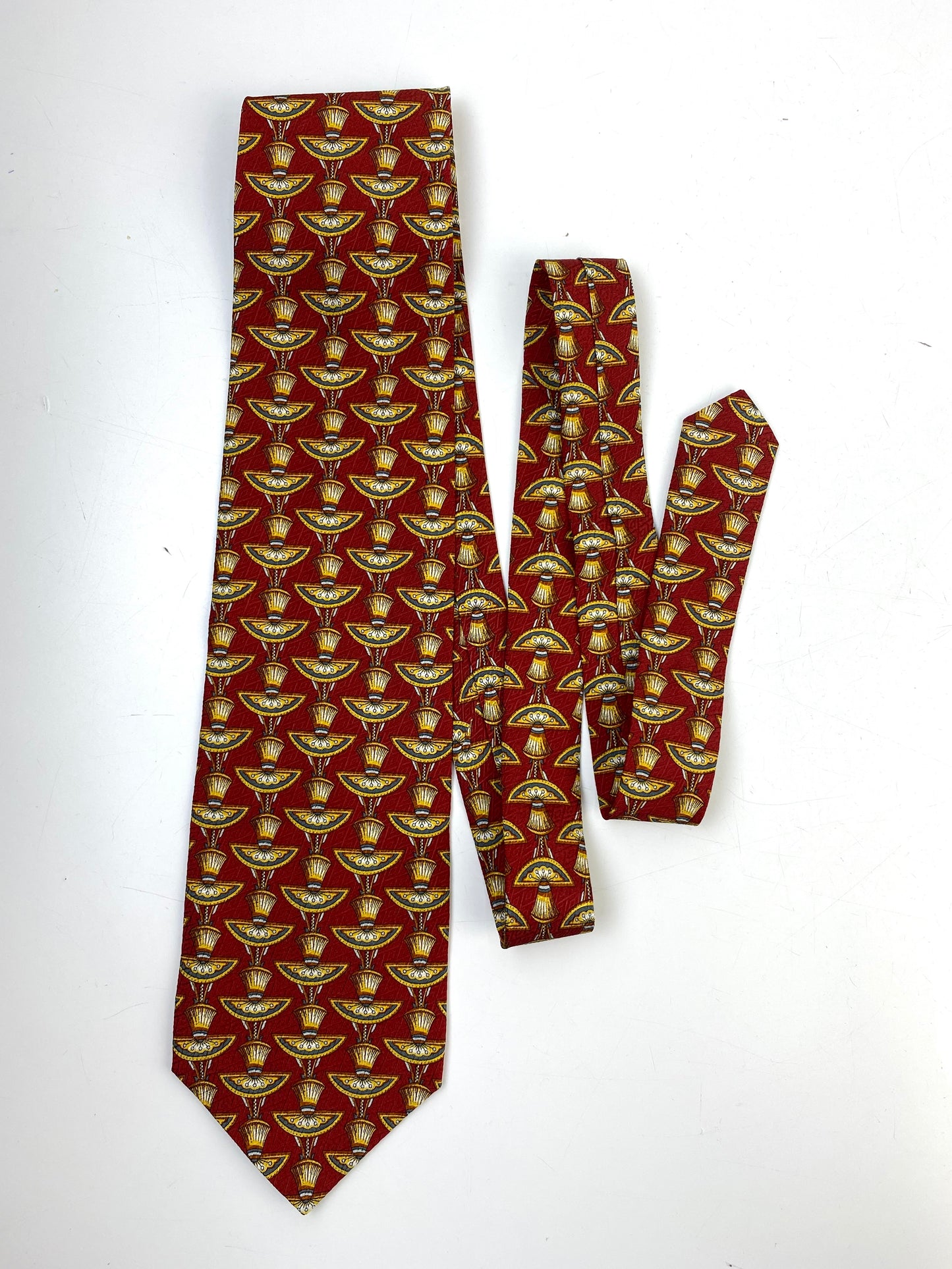 Front of: 90s Deadstock Silk Necktie, Men's Vintage Red/ Yellow/ Grey Egyptian Art Deco Pattern Tie, NOS