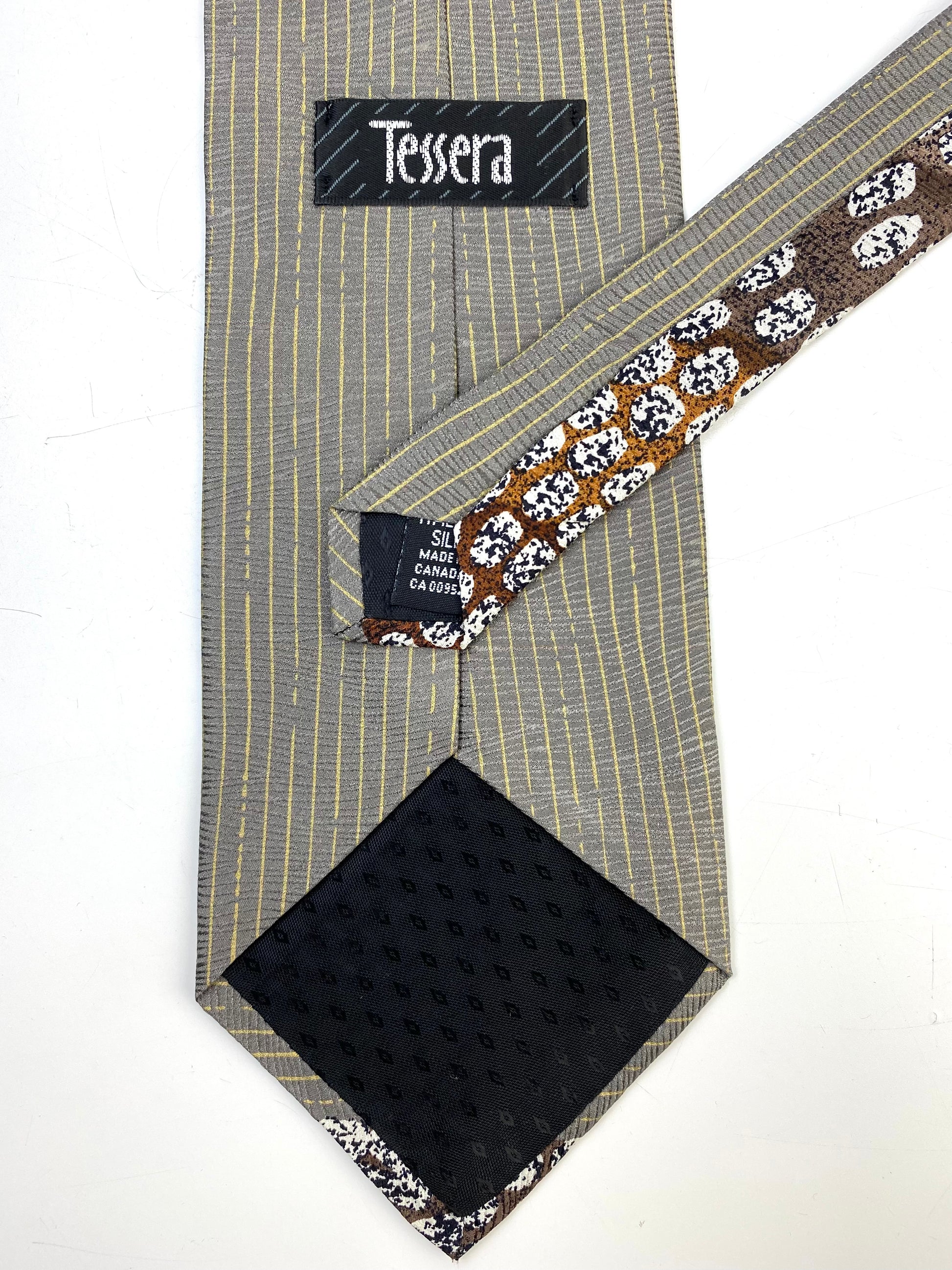 Back and labels of: 90s Deadstock Silk Necktie, Men's Vintage Grey/ Brown Abstract Pattern Tie, NOS