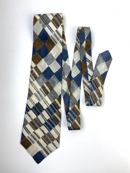 Front of: 90s Deadstock Silk Necktie, Men's Vintage Taupe/ Blue/ Cream Check Pattern Tie, NOS
