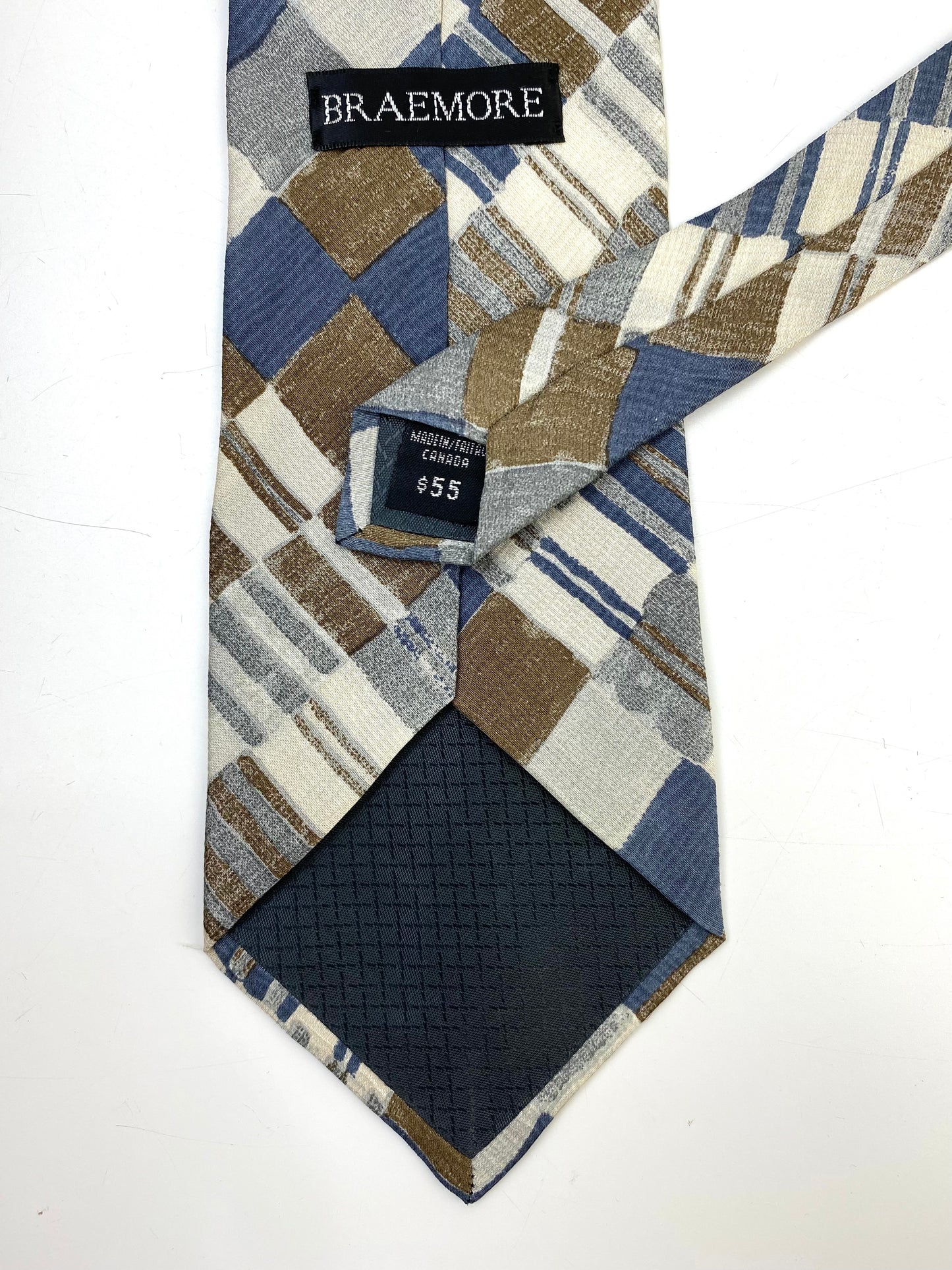 Back and labels of: 90s Deadstock Silk Necktie, Men's Vintage Taupe/ Blue/ Cream Check Pattern Tie, NOS