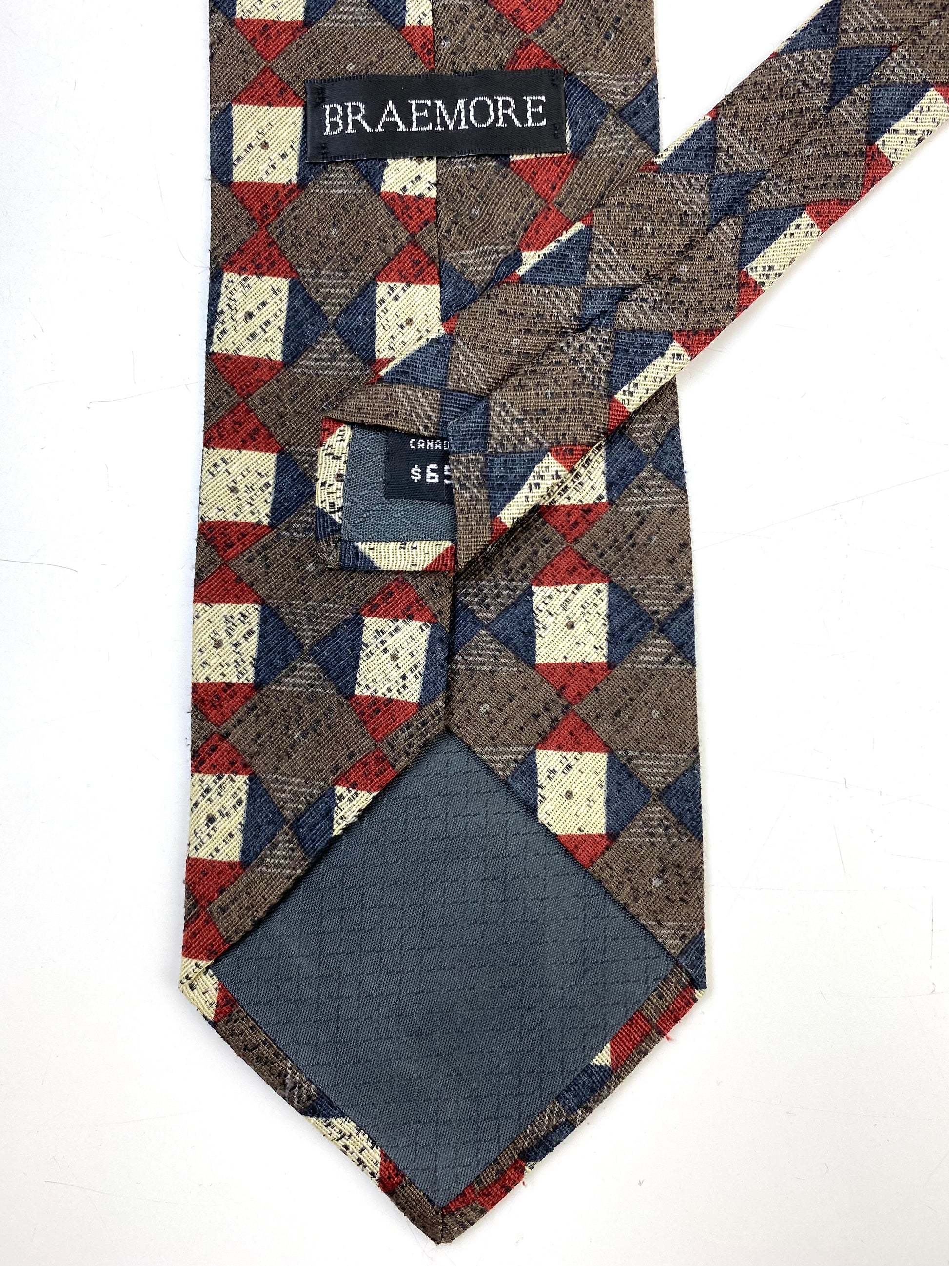 Back and labels of: 90s Deadstock Silk Necktie, Men's Vintage Taupe/ Red/ Blue Check Pattern Tie, NOS
