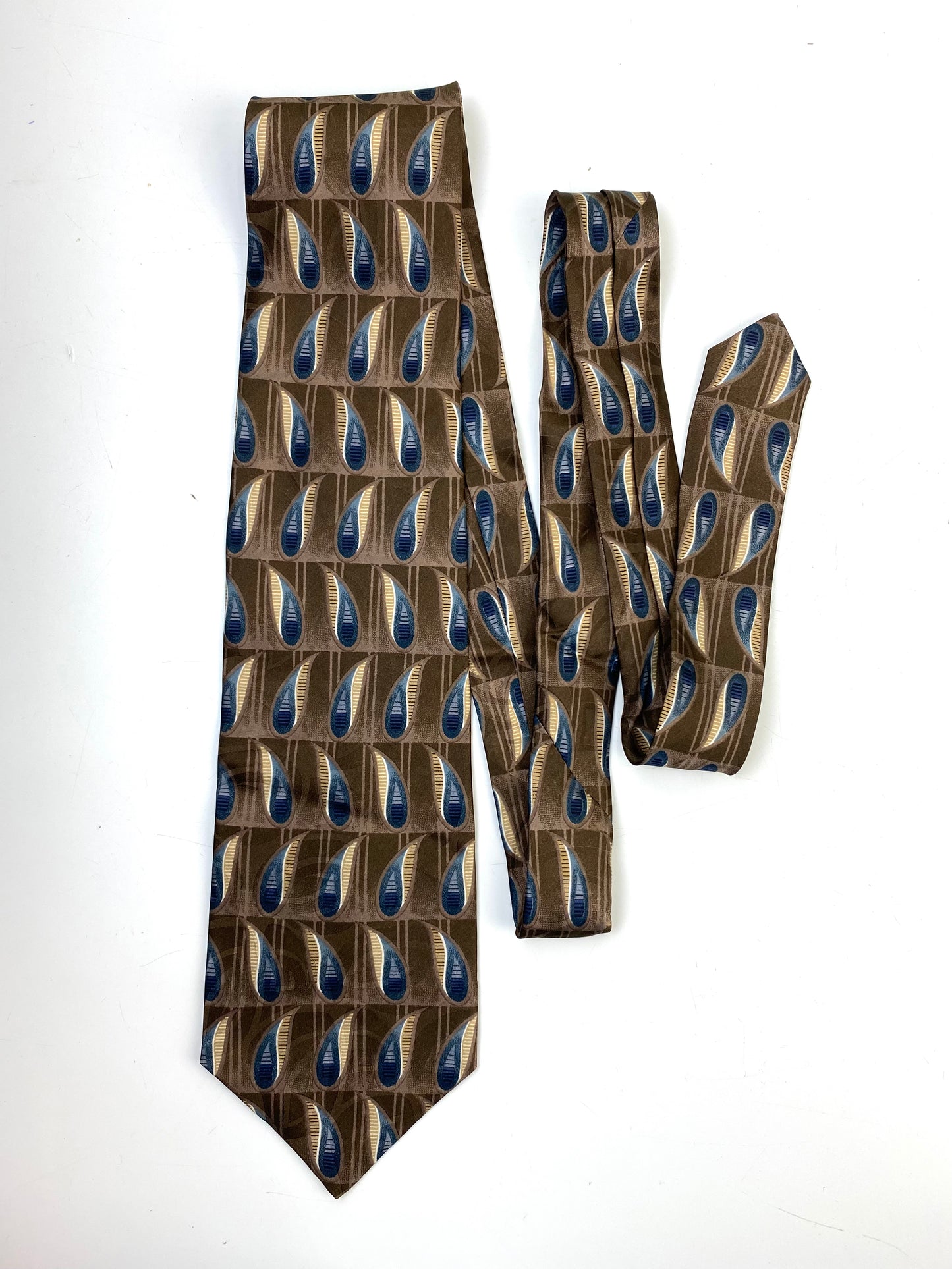 Front of: 90s Deadstock Silk Necktie, Men's Vintage Taupe/ Blue Boteh Pattern Tie, NOS