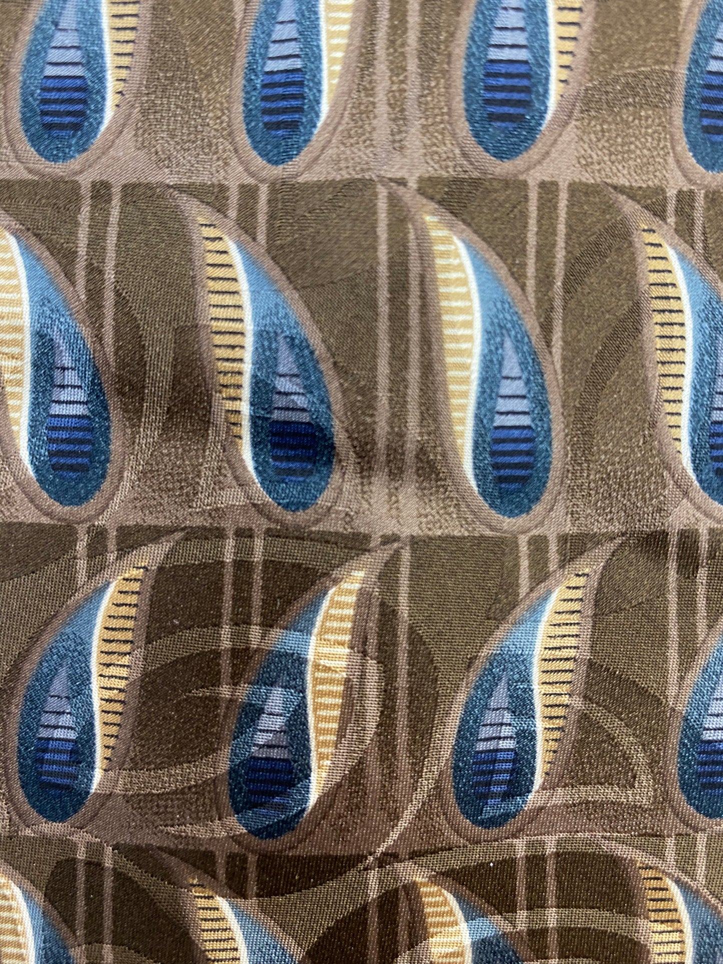 Close-up detail of: 90s Deadstock Silk Necktie, Men's Vintage Taupe/ Blue Boteh Pattern Tie, NOS