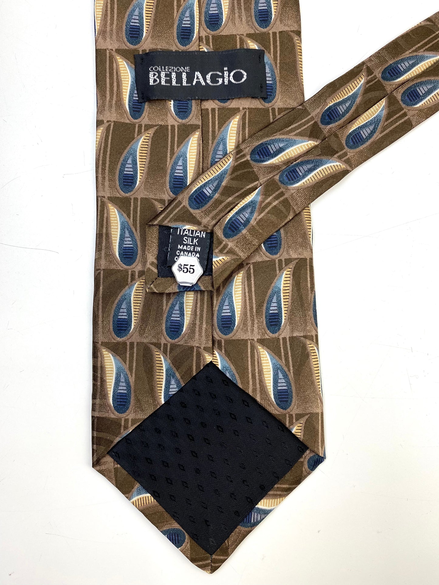 Back and labels of: 90s Deadstock Silk Necktie, Men's Vintage Taupe/ Blue Boteh Pattern Tie, NOS