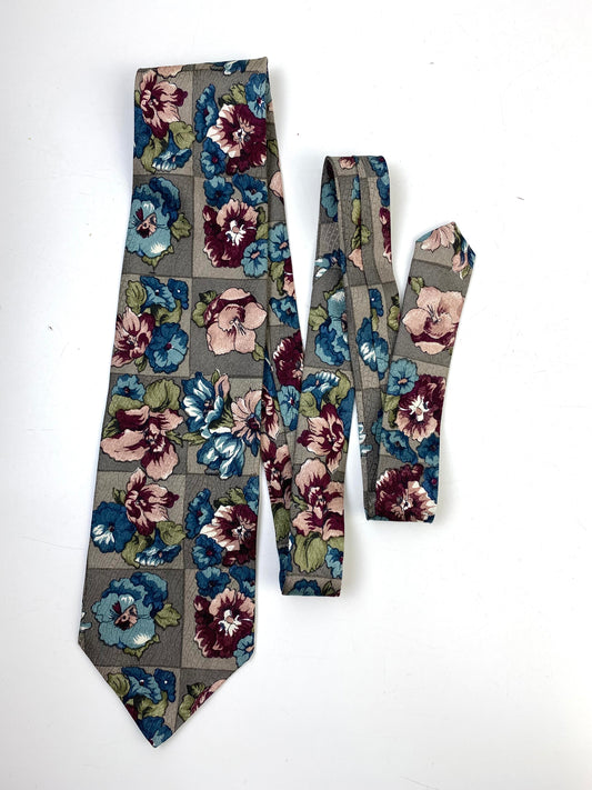 Front of: 90s Deadstock Silk Necktie, Men's Vintage Taupe/ Blue / Pink Floral Pattern Tie, NOS