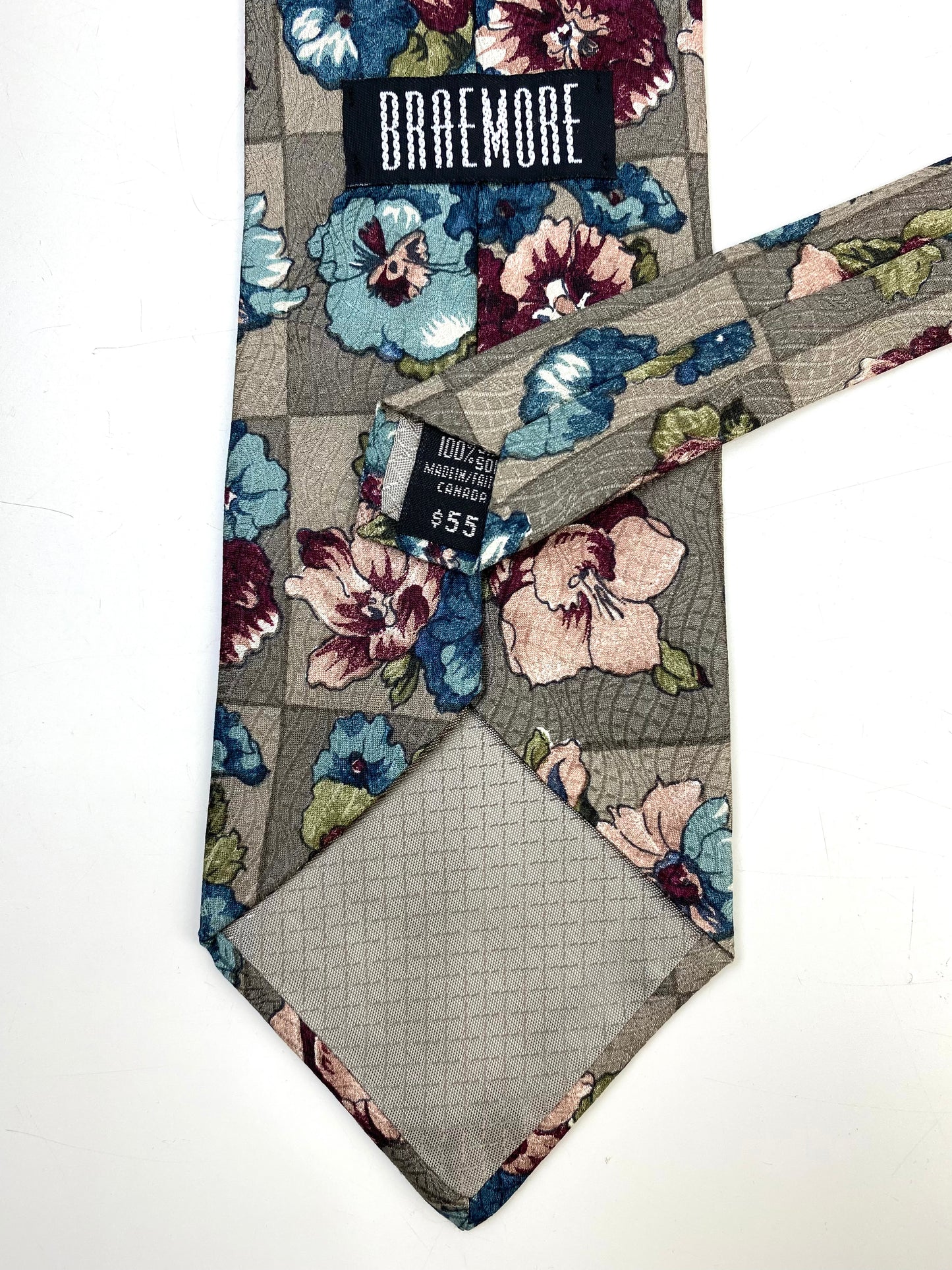 Back and labels of: 90s Deadstock Silk Necktie, Men's Vintage Taupe/ Blue / Pink Floral Pattern Tie, NOS
