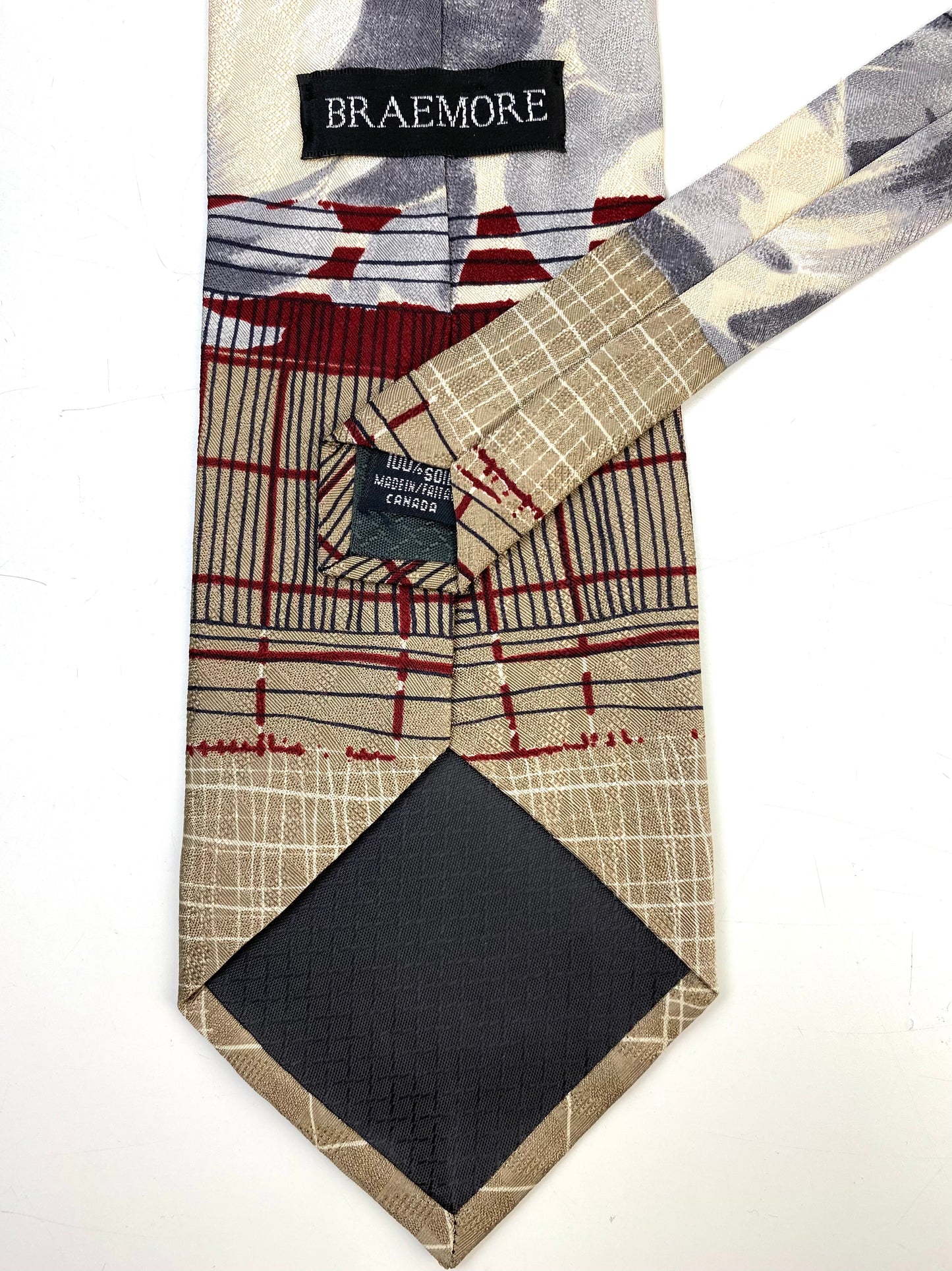 90s Deadstock Silk Necktie, Men's Vintage Taupe/ Blue/ Red Abstract Pattern Tie, NOS