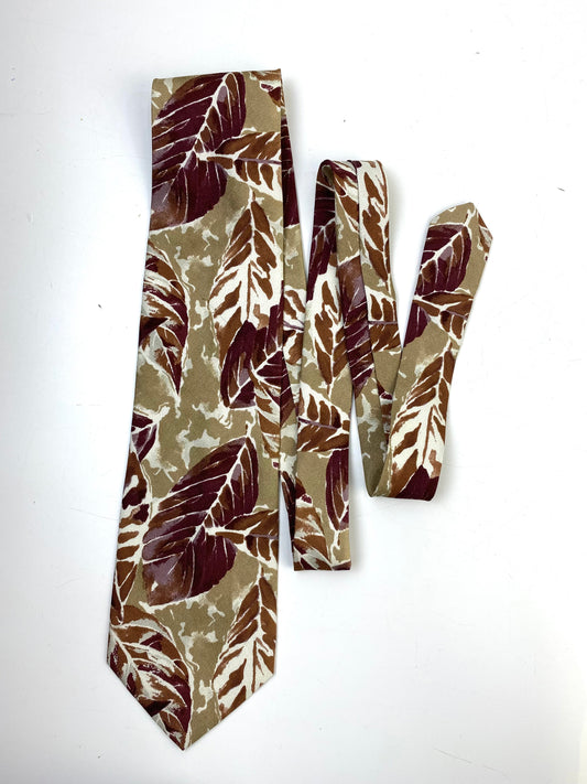 Front of: 90s Deadstock Silk Necktie, Men's Vintage Taupe/ Plum Leaf Pattern Tie, NOS