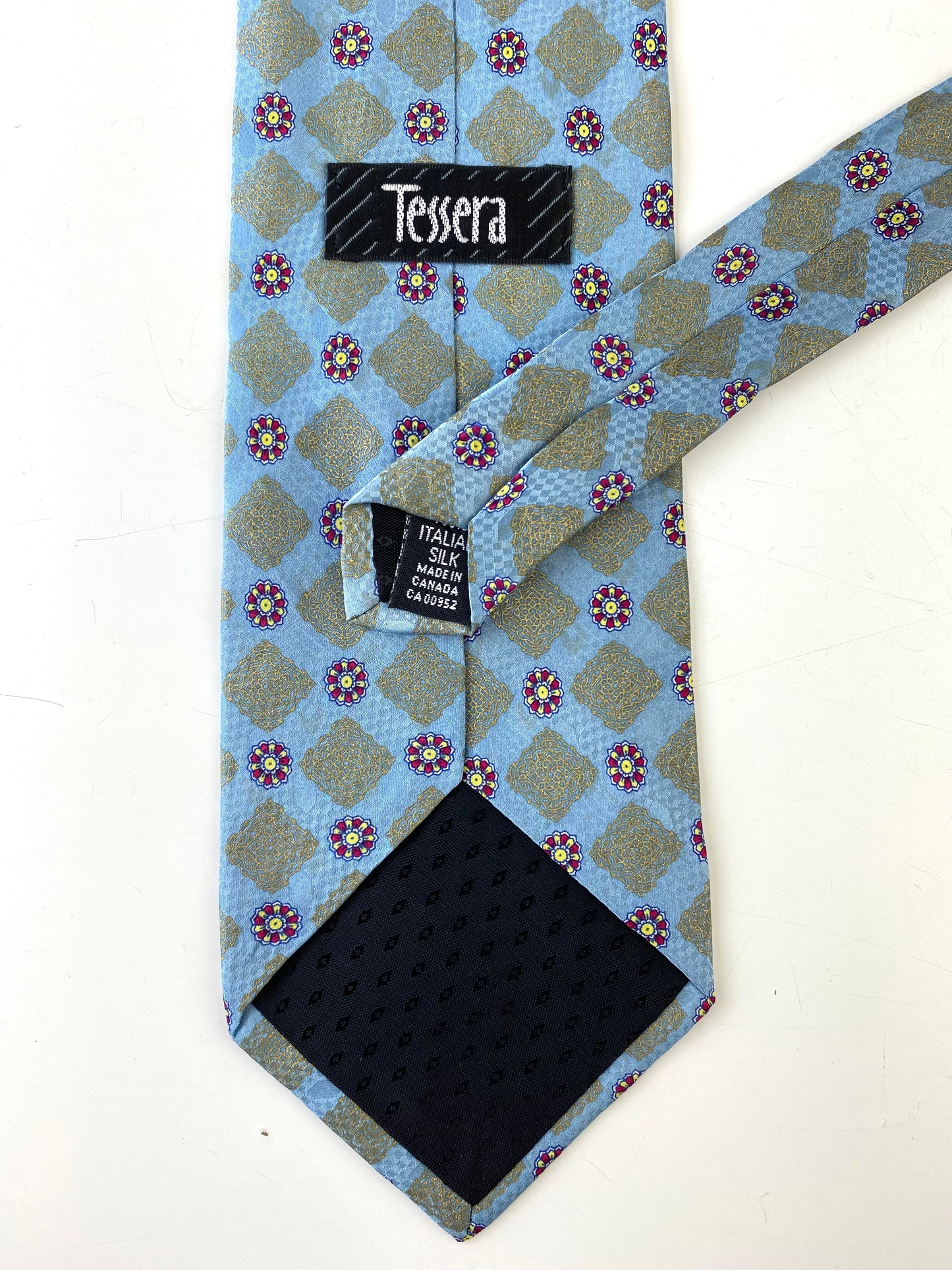 90s Deadstock Silk Necktie, Men's Vintage Blue/ Gold Moroccan Medallion Pattern Tie, NOS