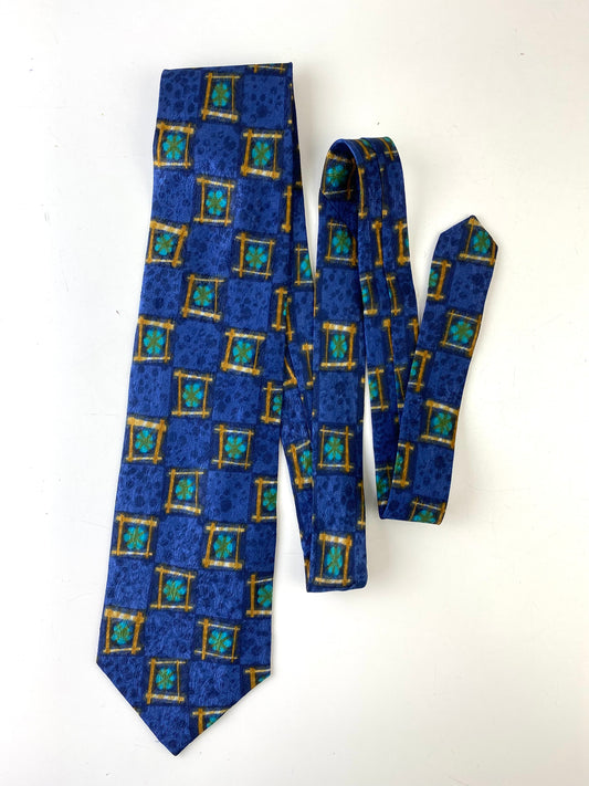 90s Deadstock Silk Necktie, Men's Vintage Blue/ Gold Medallion Pattern Tie, NOS