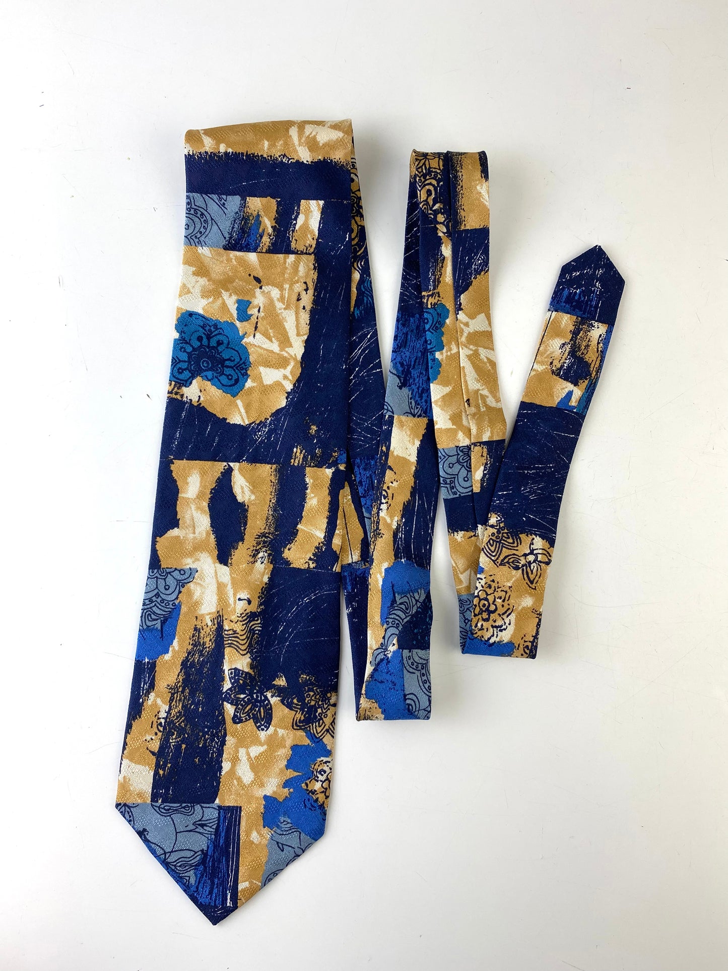 90s Deadstock Silk Necktie, Men's Vintage Blue/ Beige Abstract Pattern Tie, NOS