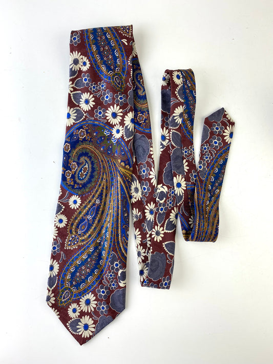 90s Deadstock Silk Necktie, Men's Vintage Wine/ Blue Floral Paisley Pattern Tie, NOS