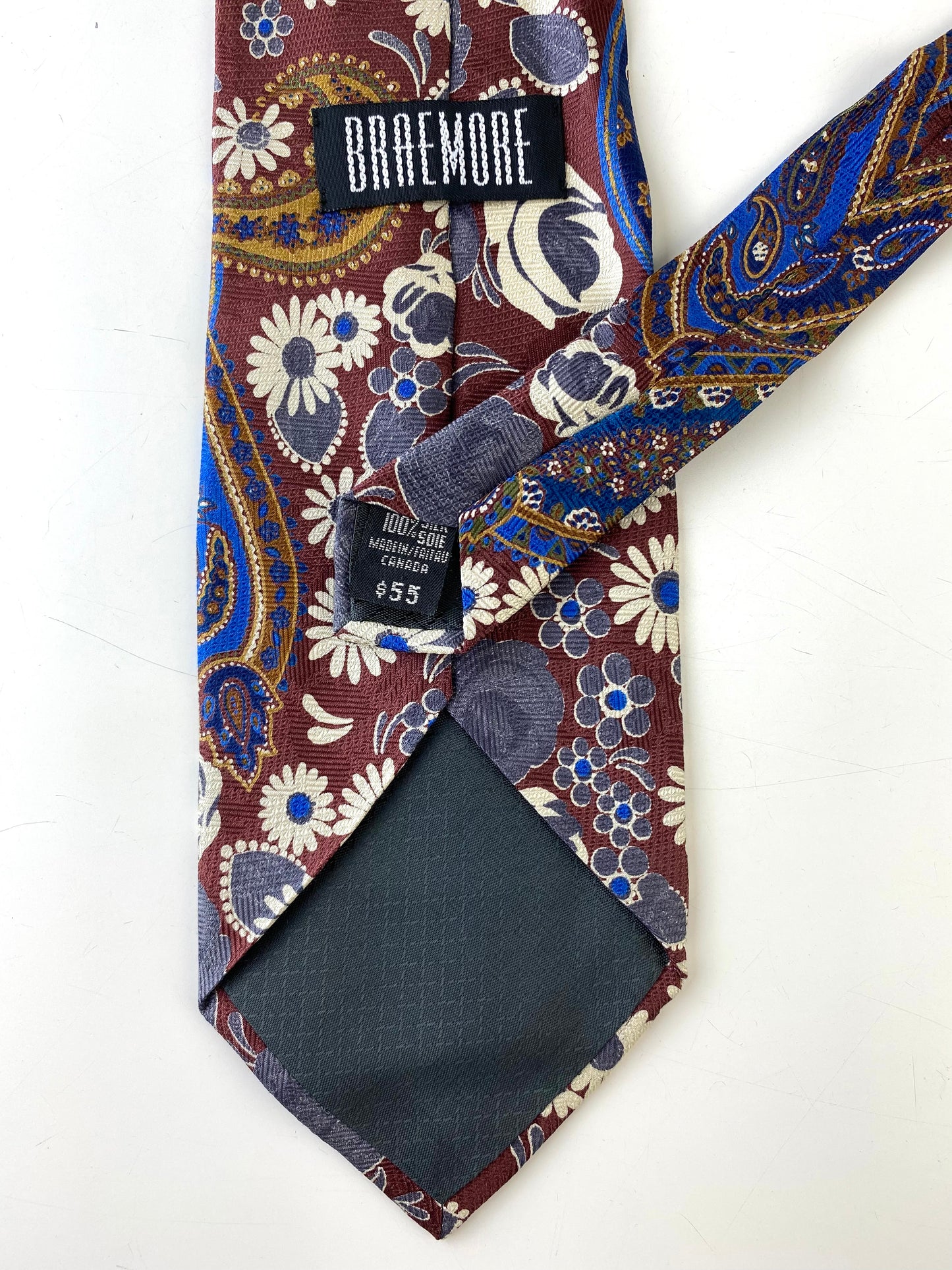 90s Deadstock Silk Necktie, Men's Vintage Wine/ Blue Floral Paisley Pattern Tie, NOS