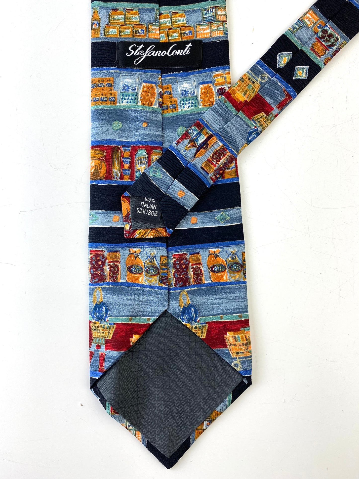 90s Deadstock Silk Necktie, Men's Vintage Black/ Blue/ Red Grocery Shopping Print Tie, NOS