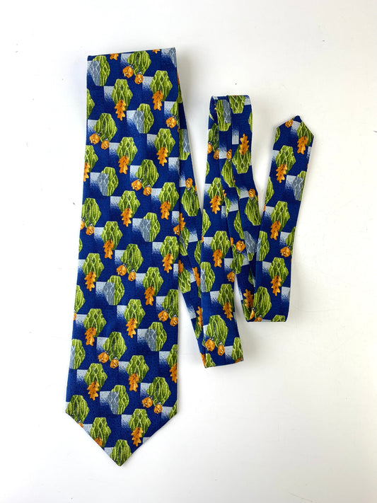 90s Deadstock Silk Necktie, Men's Vintage Blue/ Green/ Yellow Oak Leaf & Rose Pattern Tie, NOS