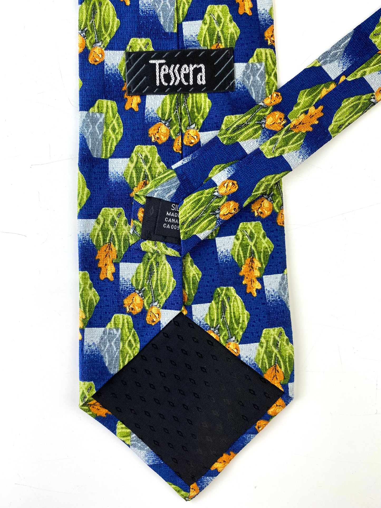 90s Deadstock Silk Necktie, Men's Vintage Blue/ Green/ Yellow Oak Leaf & Rose Pattern Tie, NOS