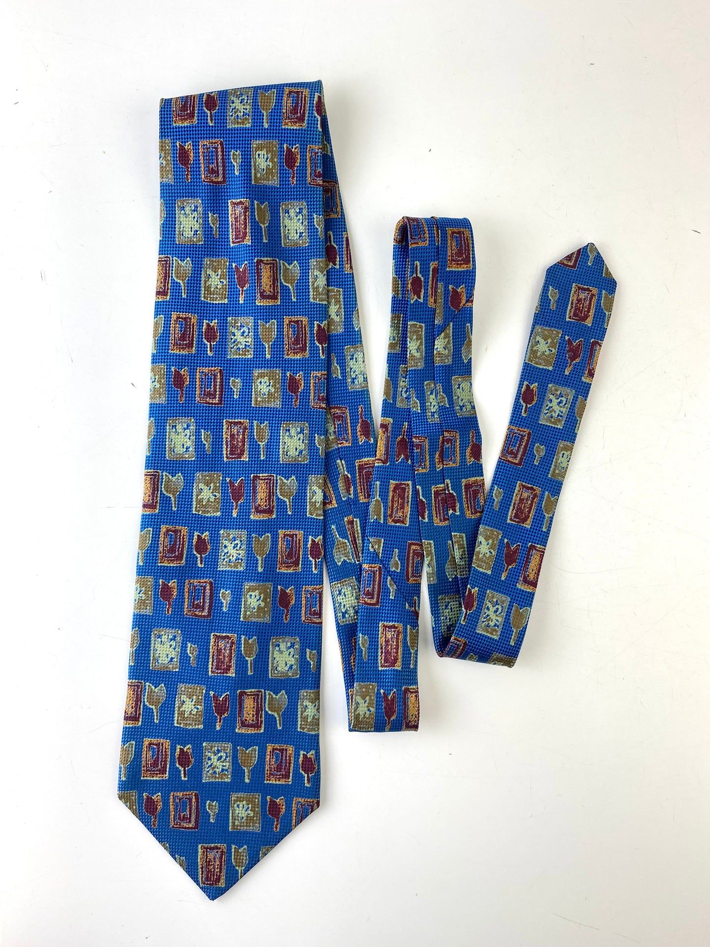 90s Deadstock Silk Necktie, Men's Vintage Blue/ Red/ Gold Tulip Print Tie, NOS
