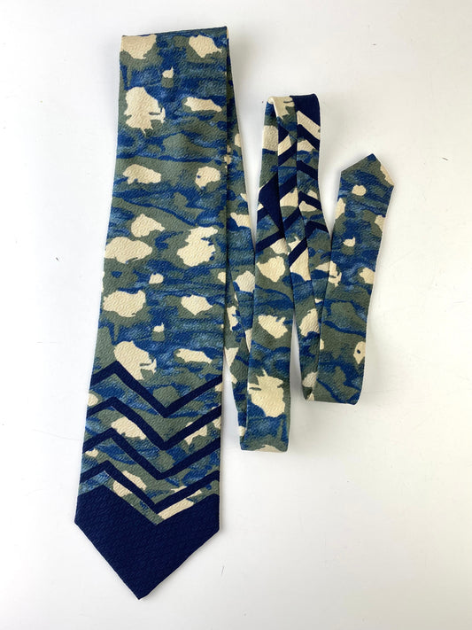 90s Deadstock Silk Necktie, Men's Vintage Blue/ Green/ Tan Abstract Pattern, NOS
