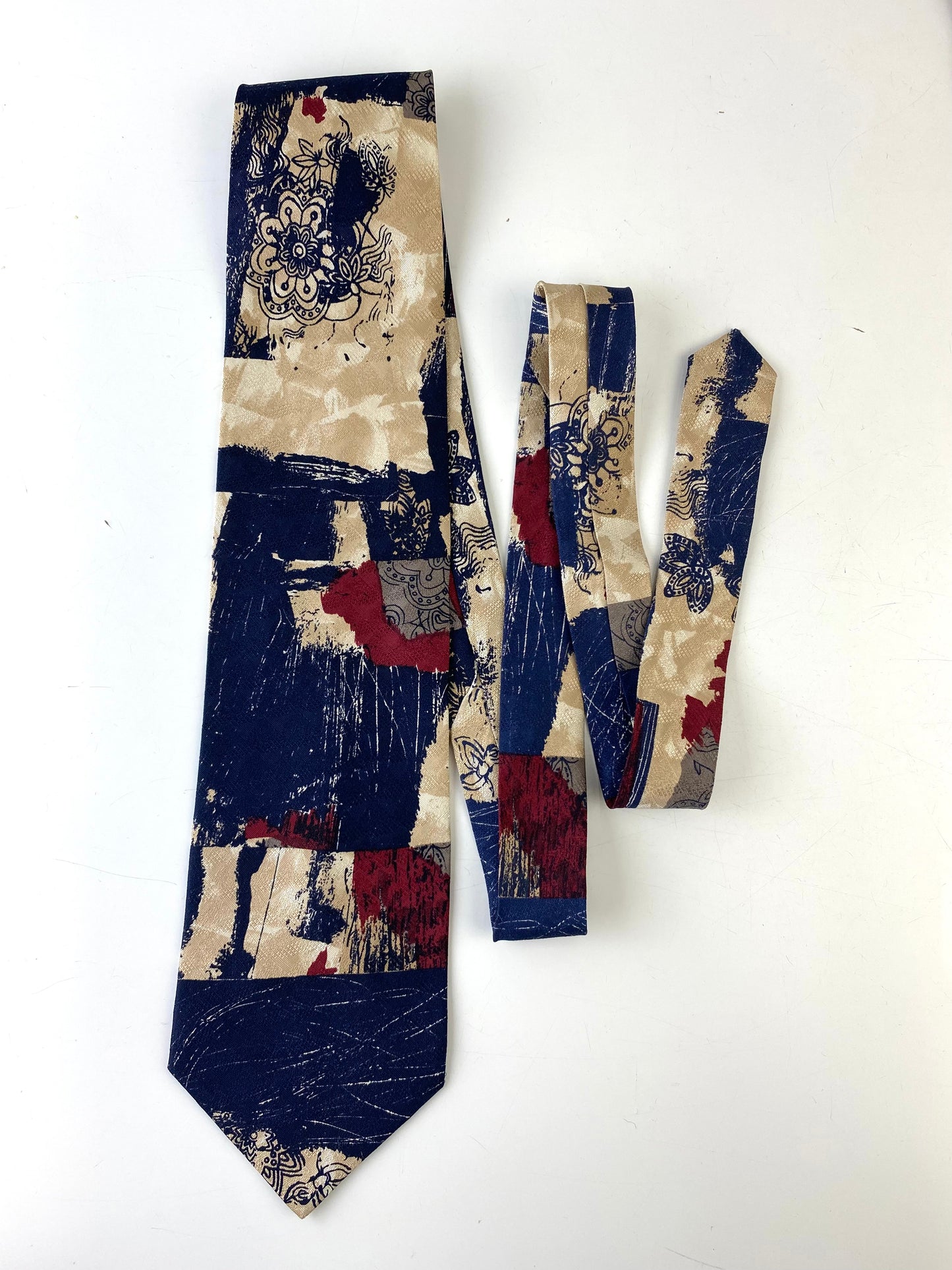 90s Deadstock Silk Necktie, Men's Vintage Blue/ Red/ Beige Abstract Pattern Tie, NOS