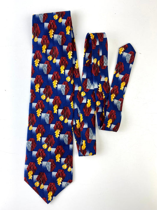 90s Deadstock Silk Necktie, Men's Vintage Blue/ Red/ Yellow Geometric Oak Leaf & Rose Pattern Tie, NOS