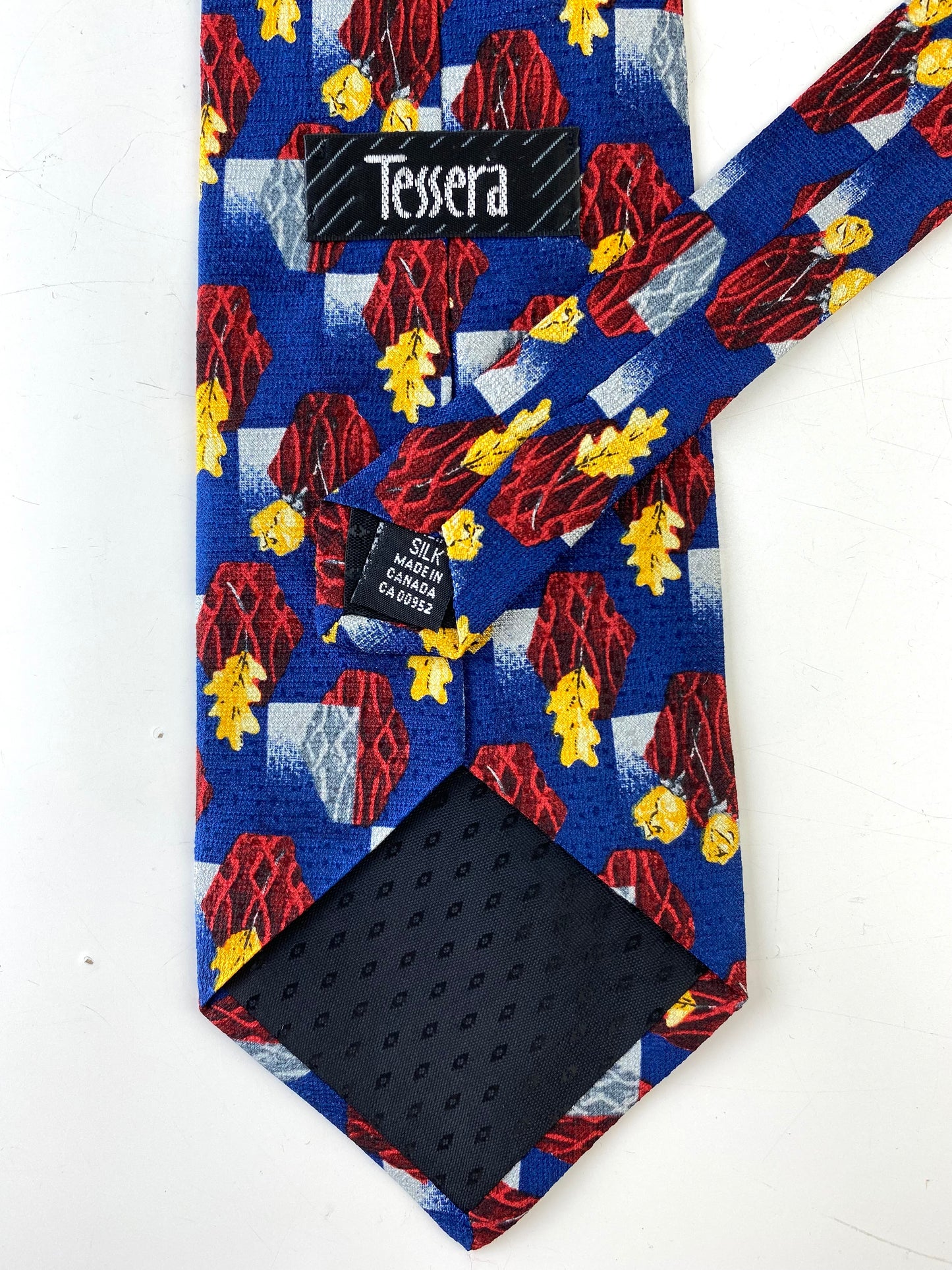90s Deadstock Silk Necktie, Men's Vintage Blue/ Red/ Yellow Geometric Oak Leaf & Rose Pattern Tie, NOS