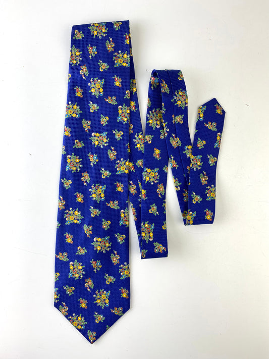 90s Deadstock Silk Necktie, Men's Vintage Blue/ Yellow Gold Floral Pattern Tie, NOS