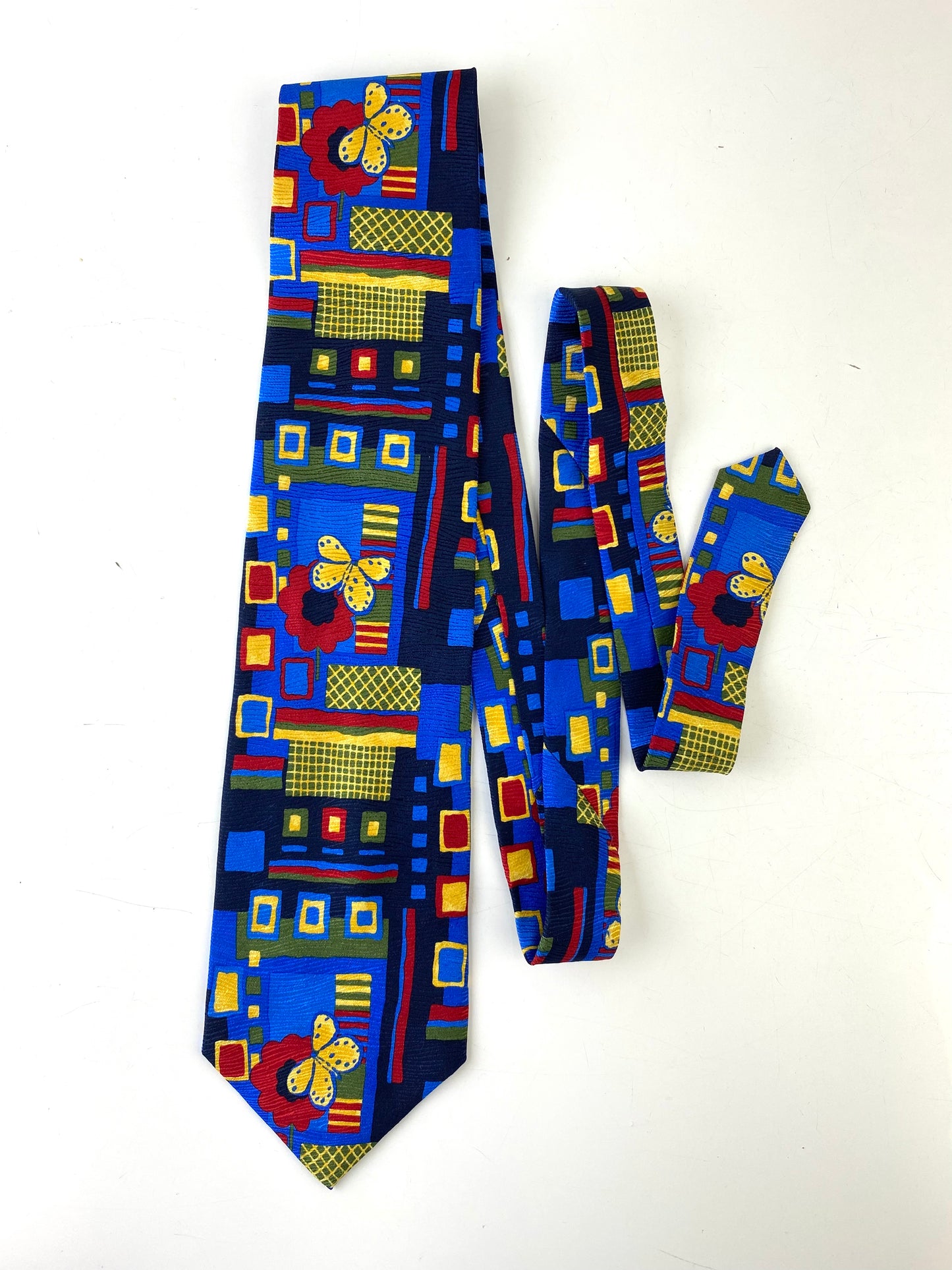 90s Deadstock Silk Necktie, Men's Vintage Blue Yellow Red Geometric Butterfly Anemone Pattern Tie, NOS