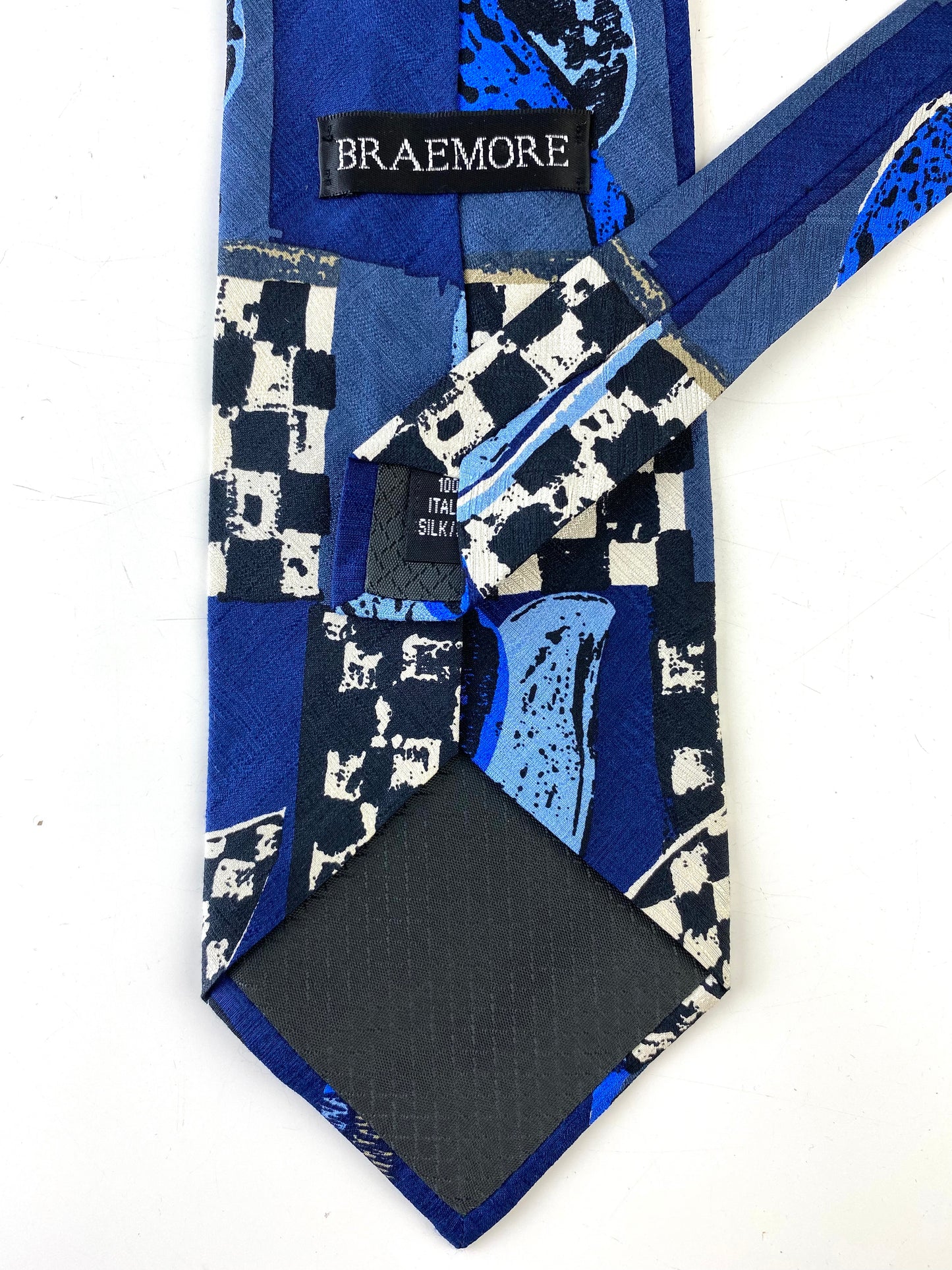 90s Deadstock Silk Necktie, Men's Vintage Blue/ Black Floral Tulip Check Pattern Tie, NOS