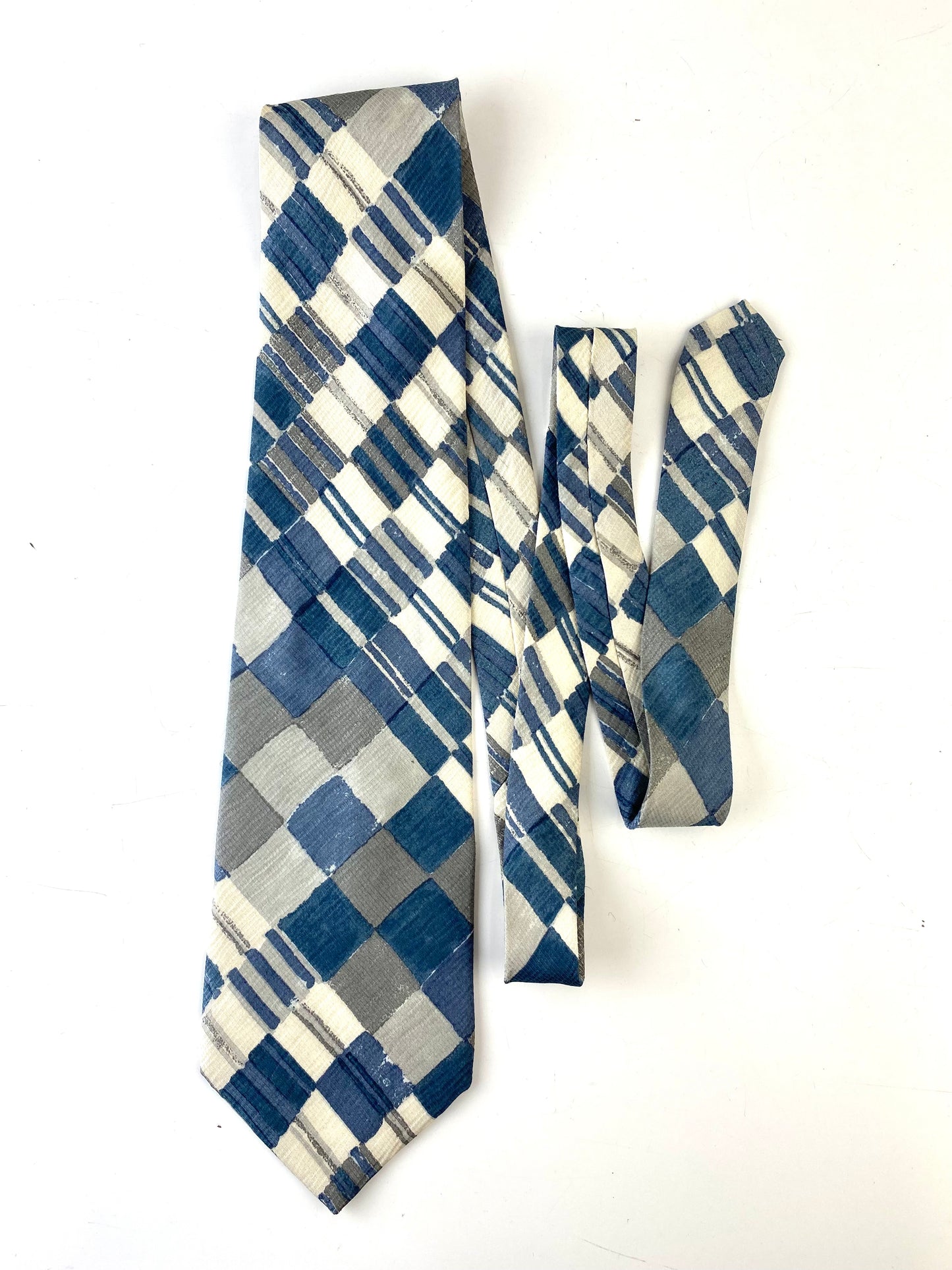 90s Deadstock Silk Necktie, Men's Vintage Blue/ Grey/ Cream Check Pattern Tie, NOS