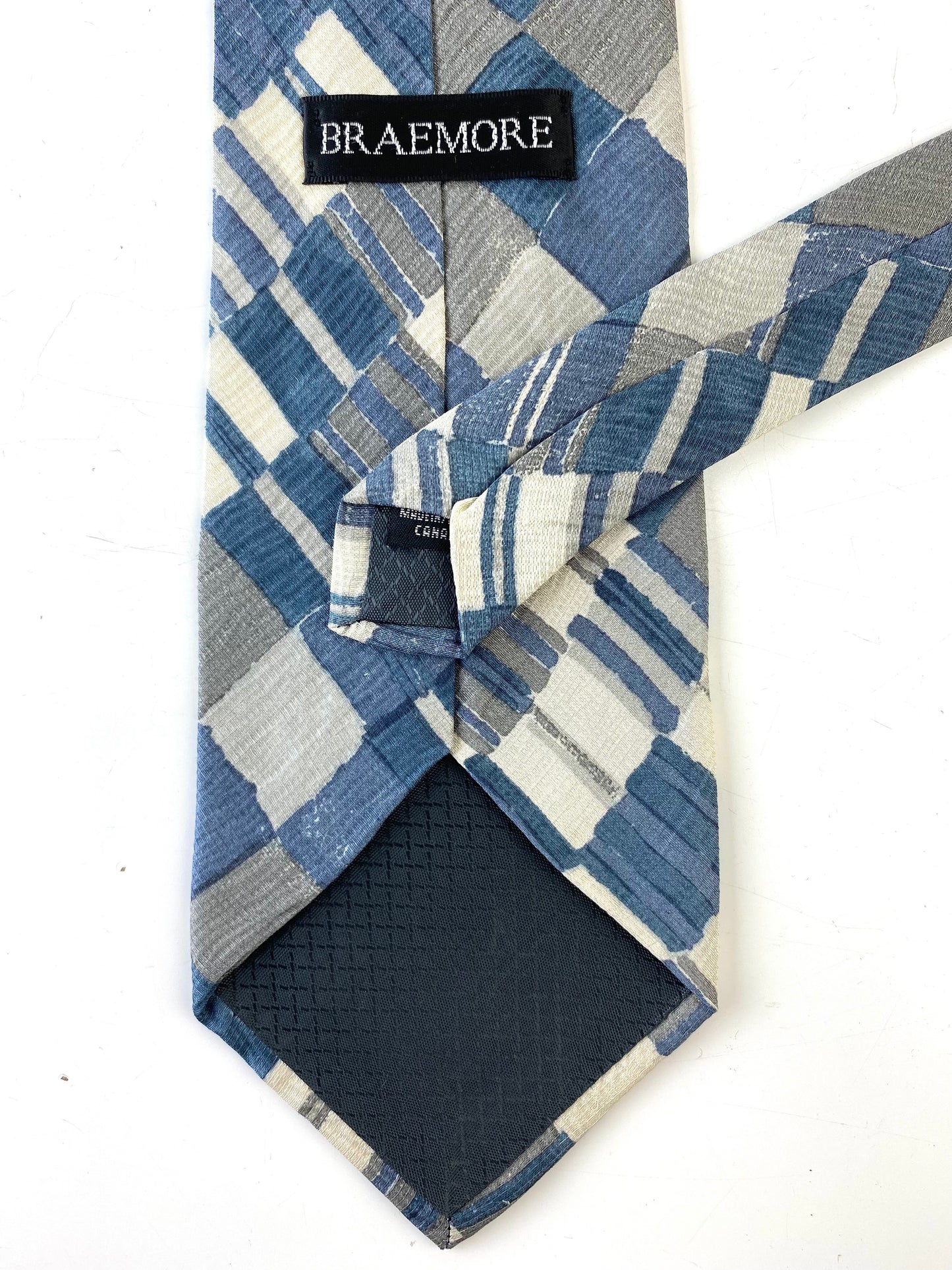 90s Deadstock Silk Necktie, Men's Vintage Blue/ Grey/ Cream Check Pattern Tie, NOS